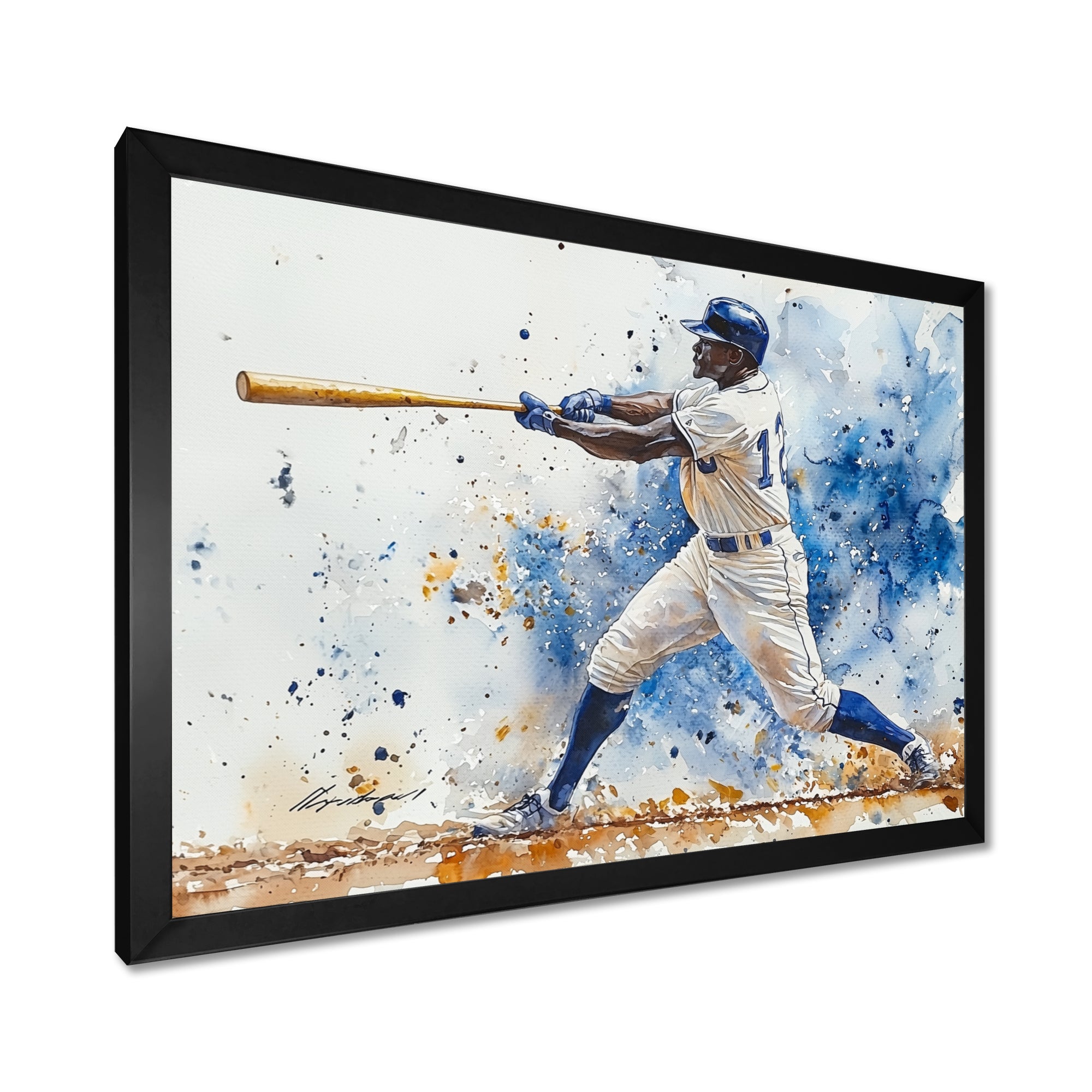White Blue Baseball Player Hitting A Foul Ball - Sport Baseball Canvas Wall Art