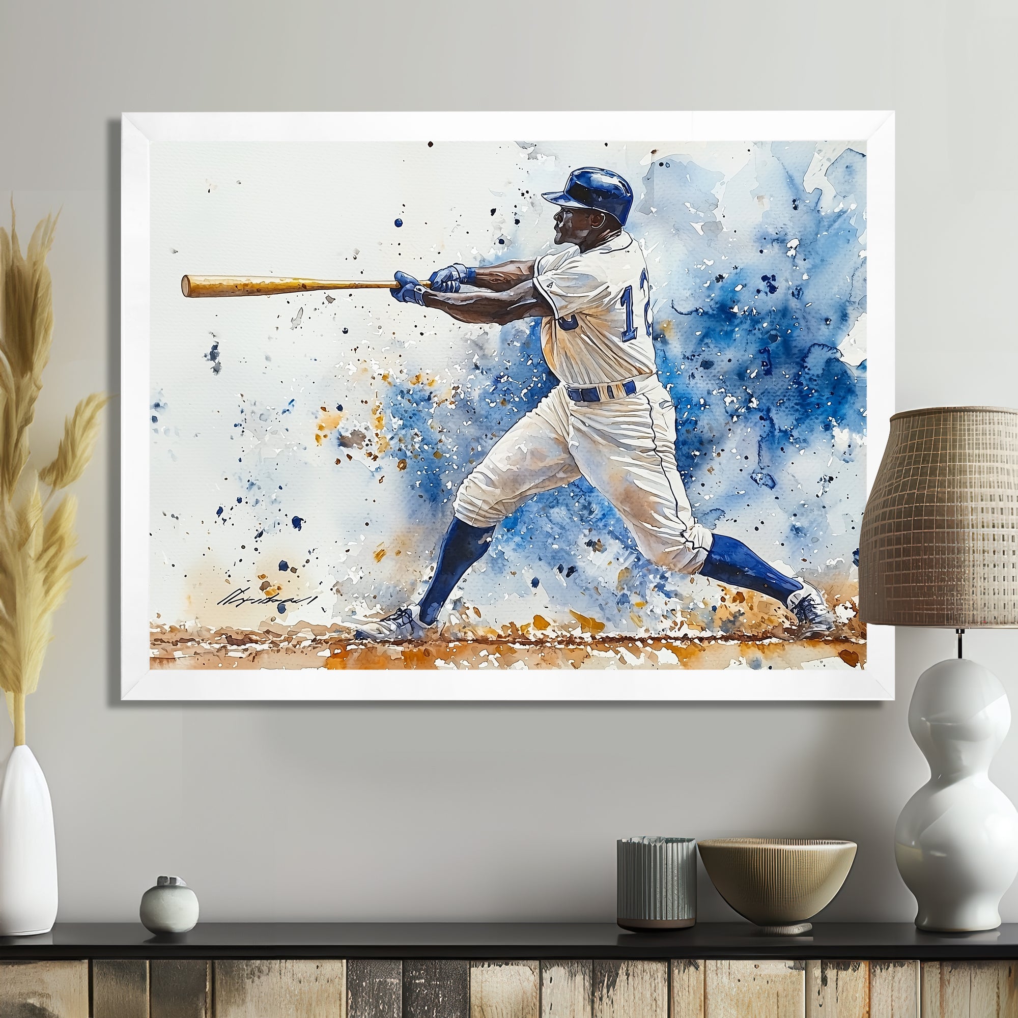 White Blue Baseball Player Hitting A Foul Ball - Sport Baseball Canvas Wall Art