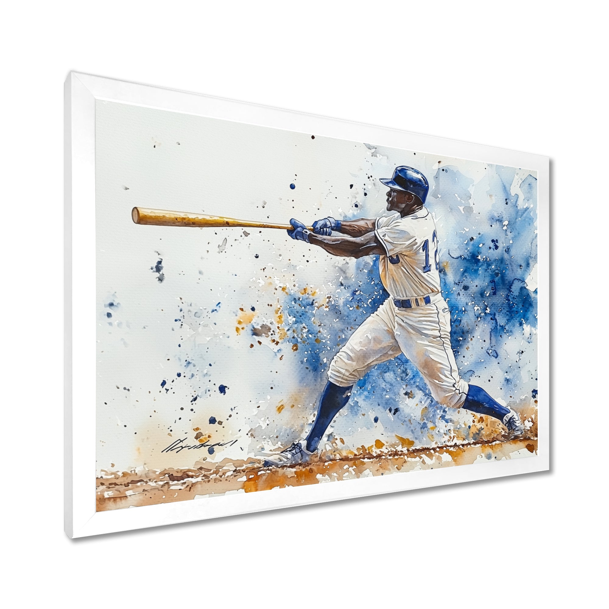 White Blue Baseball Player Hitting A Foul Ball - Sport Baseball Canvas Wall Art