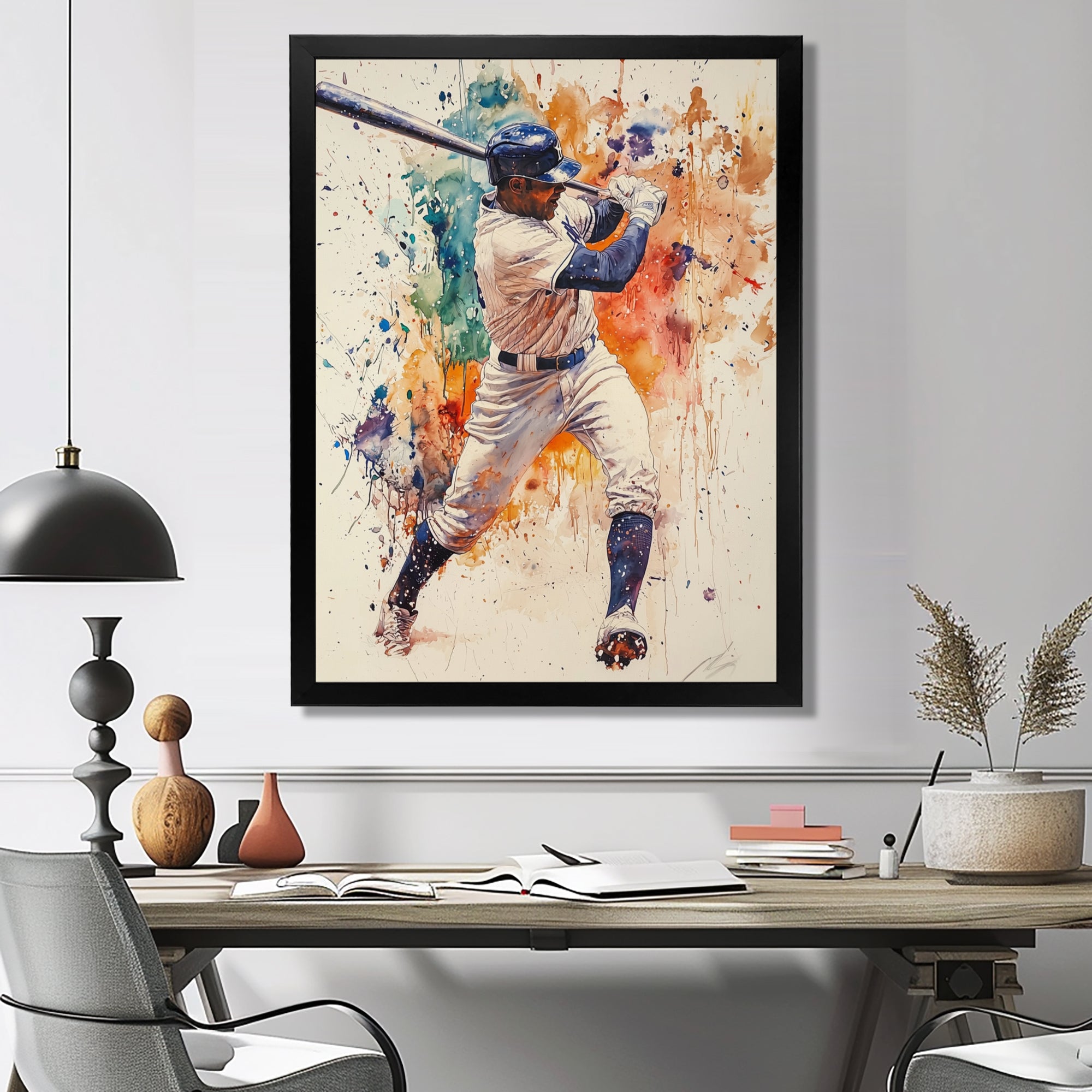 White Blue Baseball Player Hitting A Home Run - Sport Baseball Canvas Wall Art