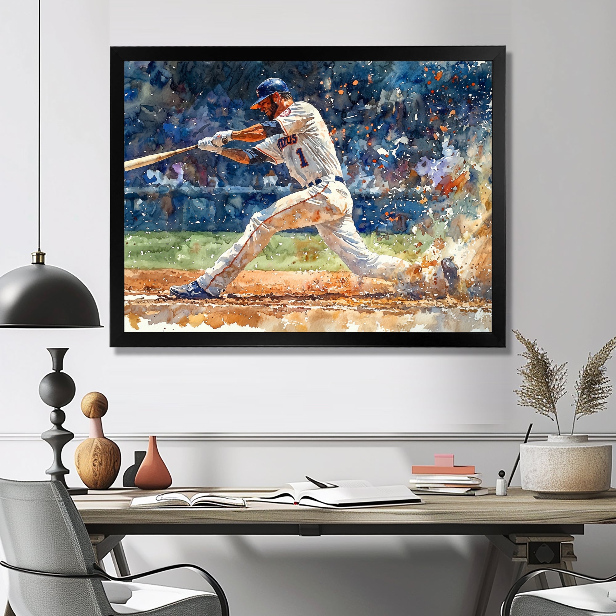White Blue Baseball Player On The Field - Sport Baseball Canvas Wall Art