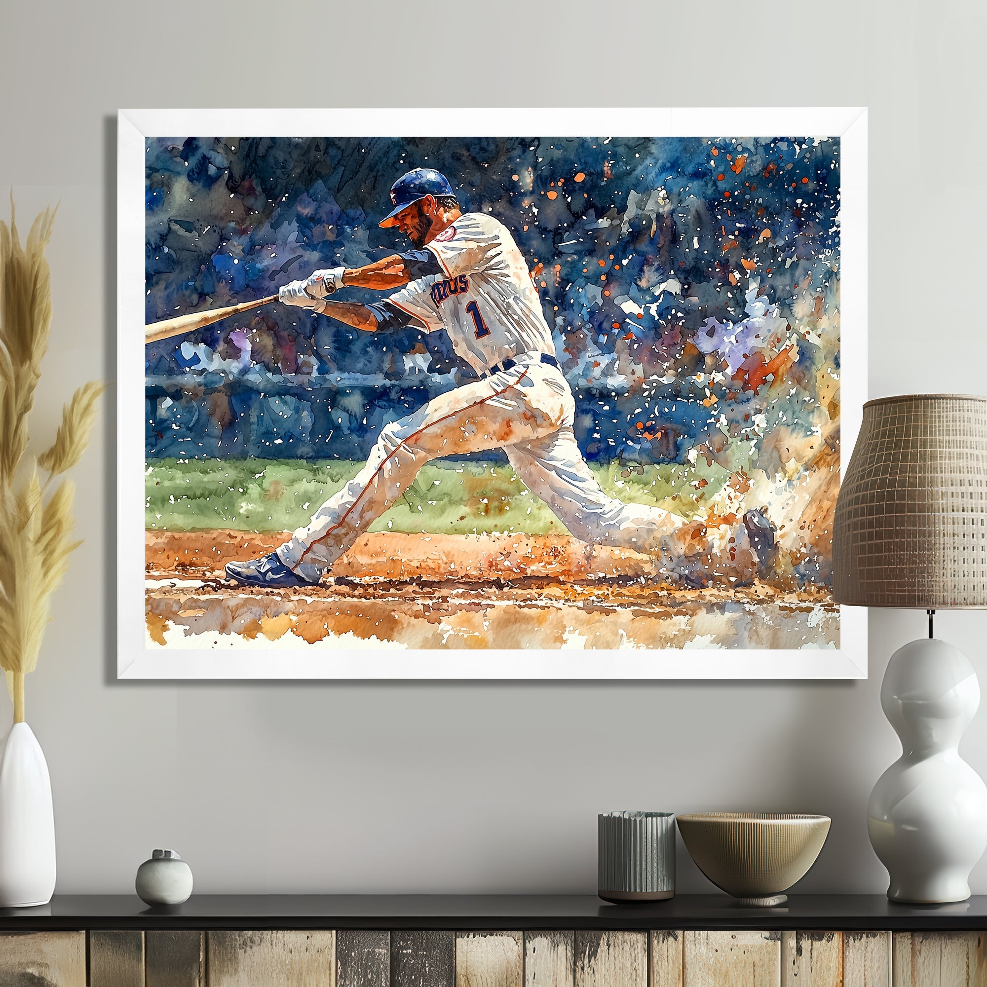 White Blue Baseball Player On The Field - Sport Baseball Canvas Wall Art