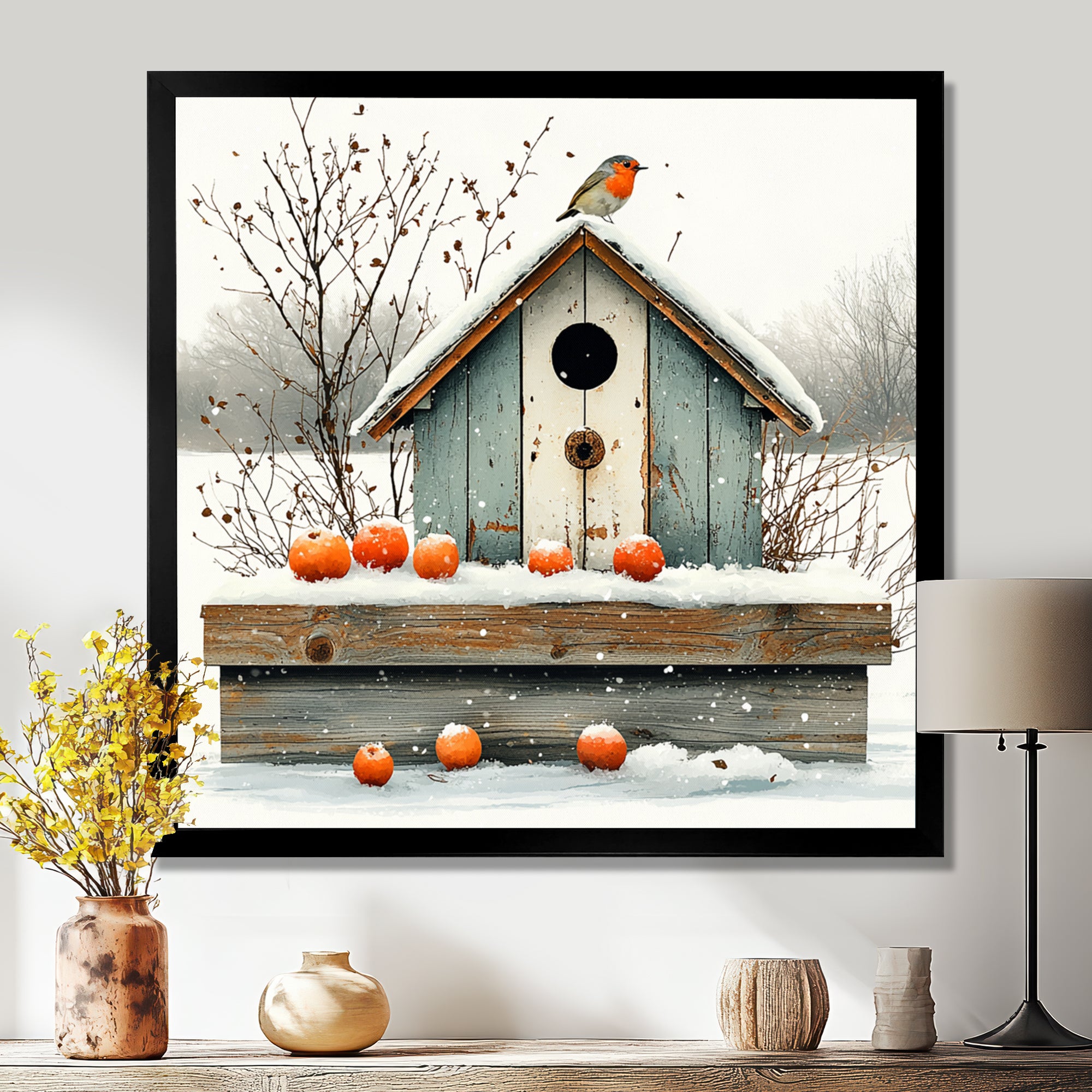 Grey And Orange Bird House Winter Wonderland - Bird House Wall Art Prints