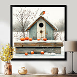Grey And Orange Bird House Winter Wonderland - Bird House Wall Art Prints