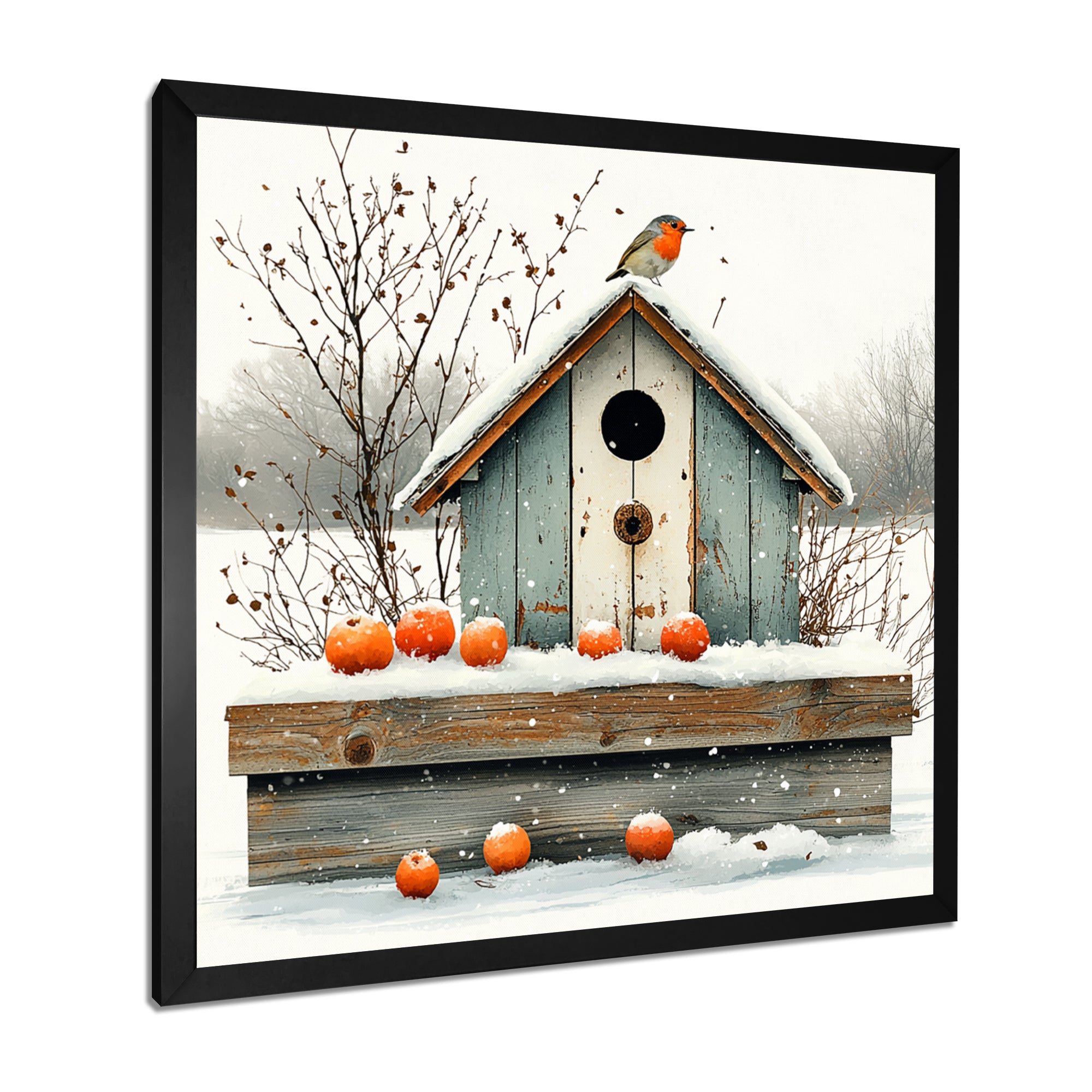 Grey And Orange Bird House Winter Wonderland - Bird House Wall Art Prints