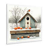 Grey And Orange Bird House Winter Wonderland - Bird House Wall Art Prints