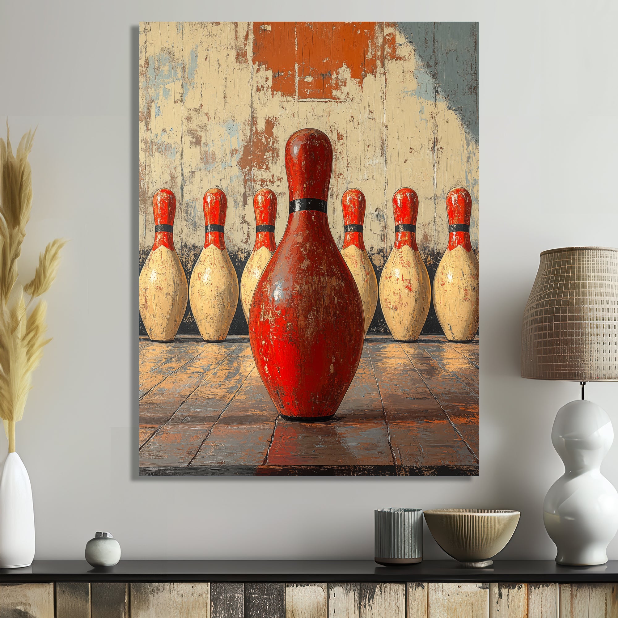 Red And White Bowling Pin Topple - Bowling Canvas Wall Art