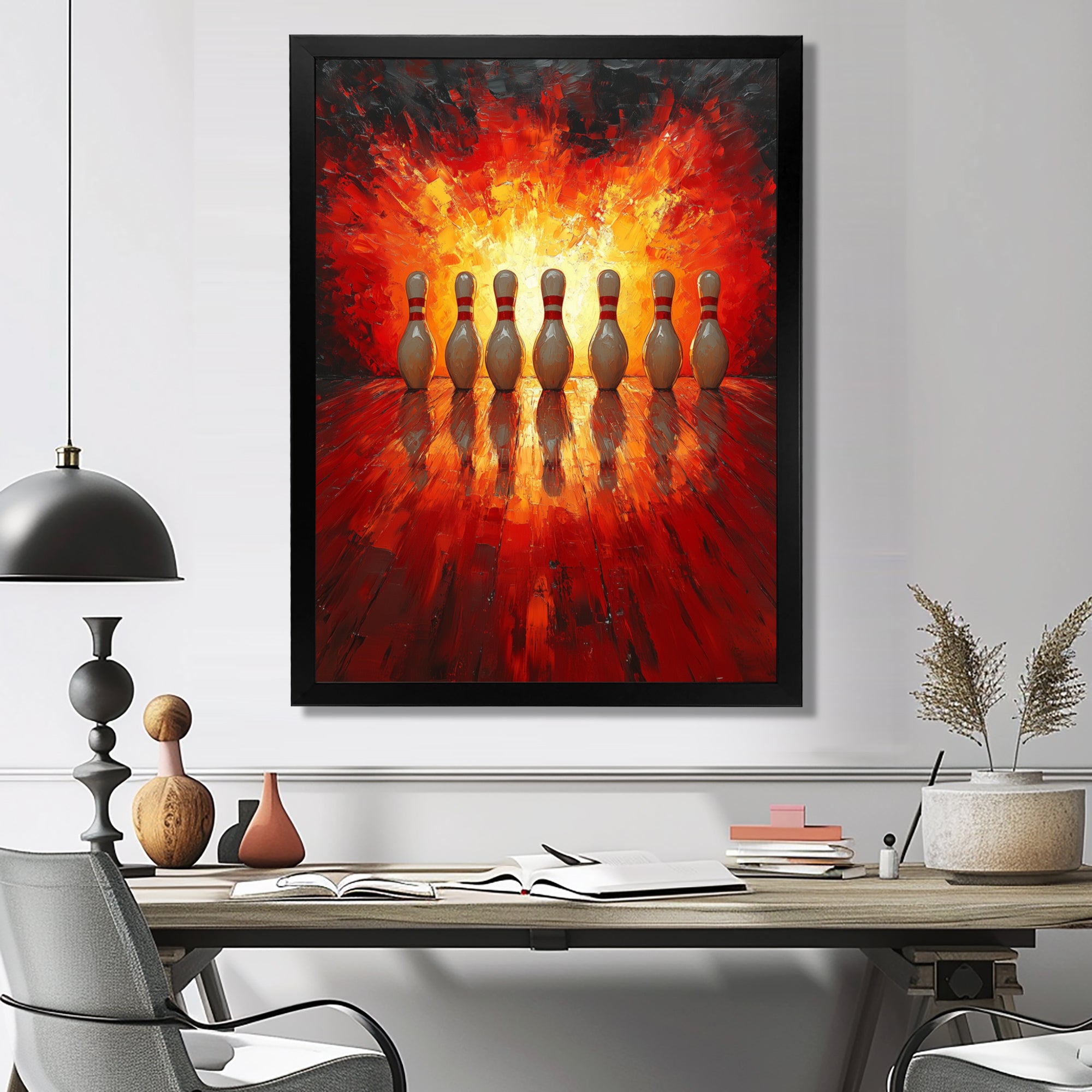 Yellow And Red Bowling Pin Topple - Bowling Canvas Wall Art