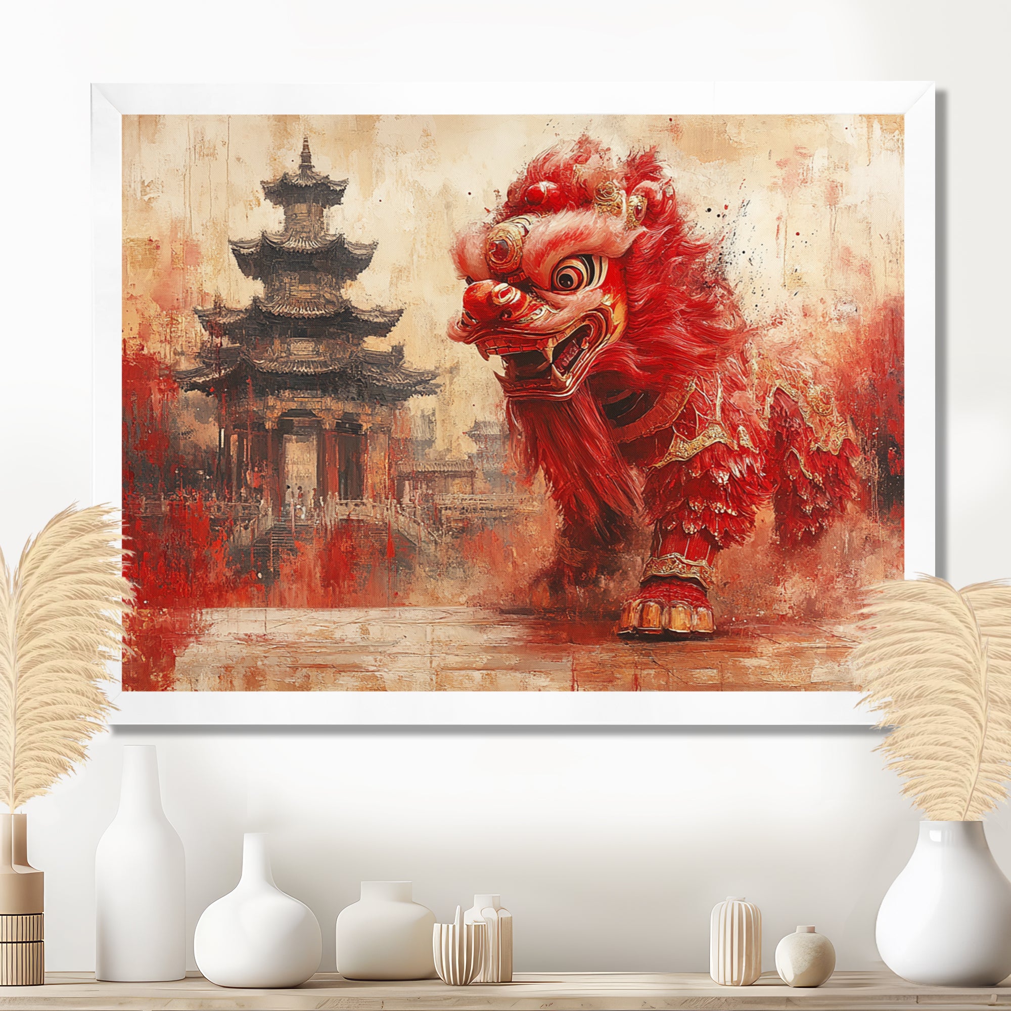 Red And Grey Dragons Lion Dance - Dragons Canvas Wall Art