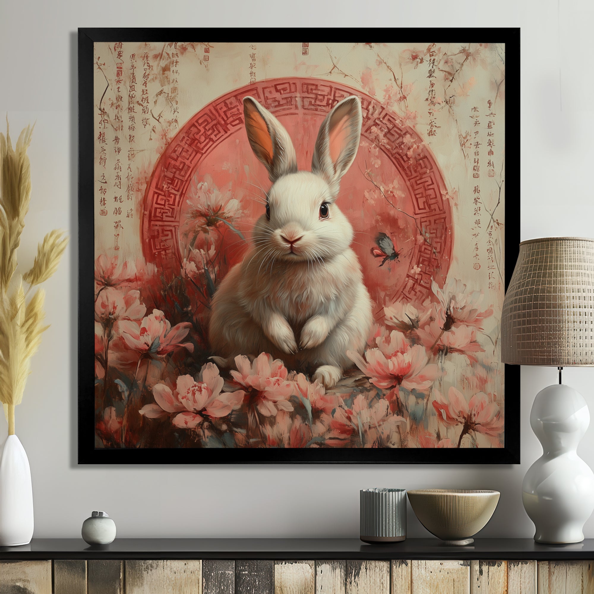 Pink Chinese Pink Sign - Rabbit Canvas Wall Art