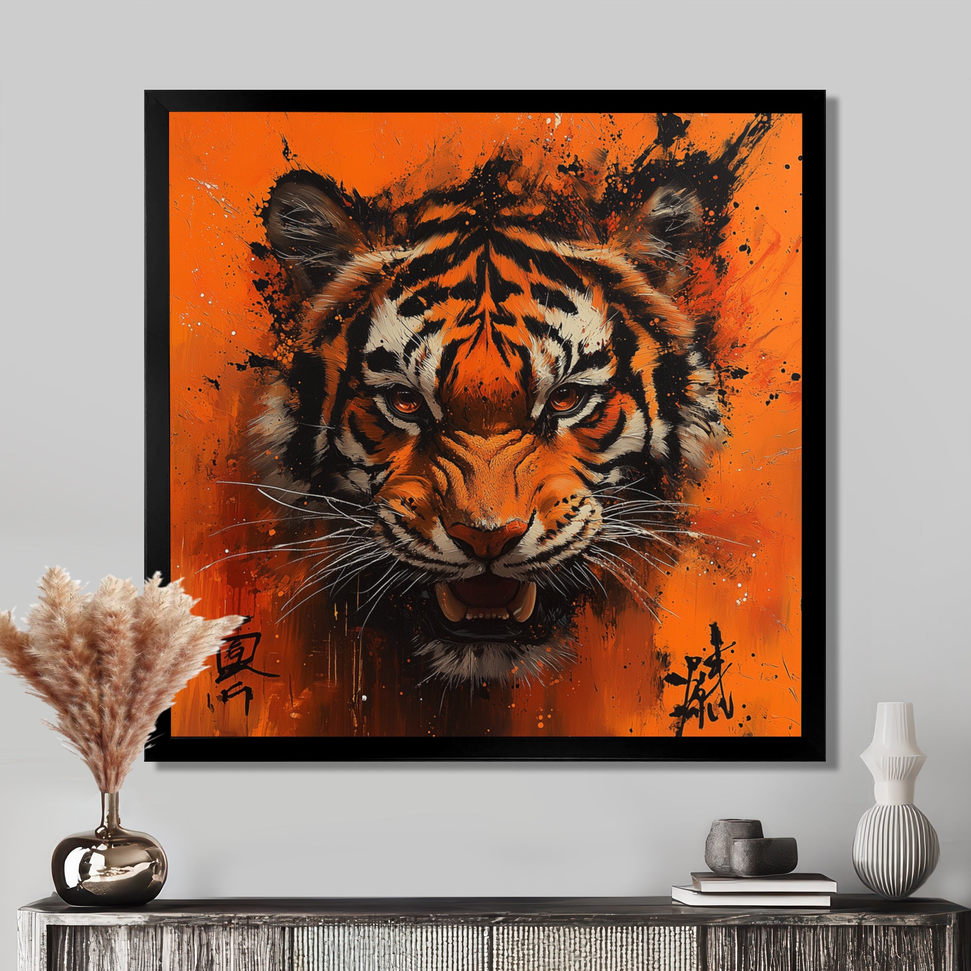 Orange And Black Tiger With Chinese Sign - Tiger Wall Art Prints