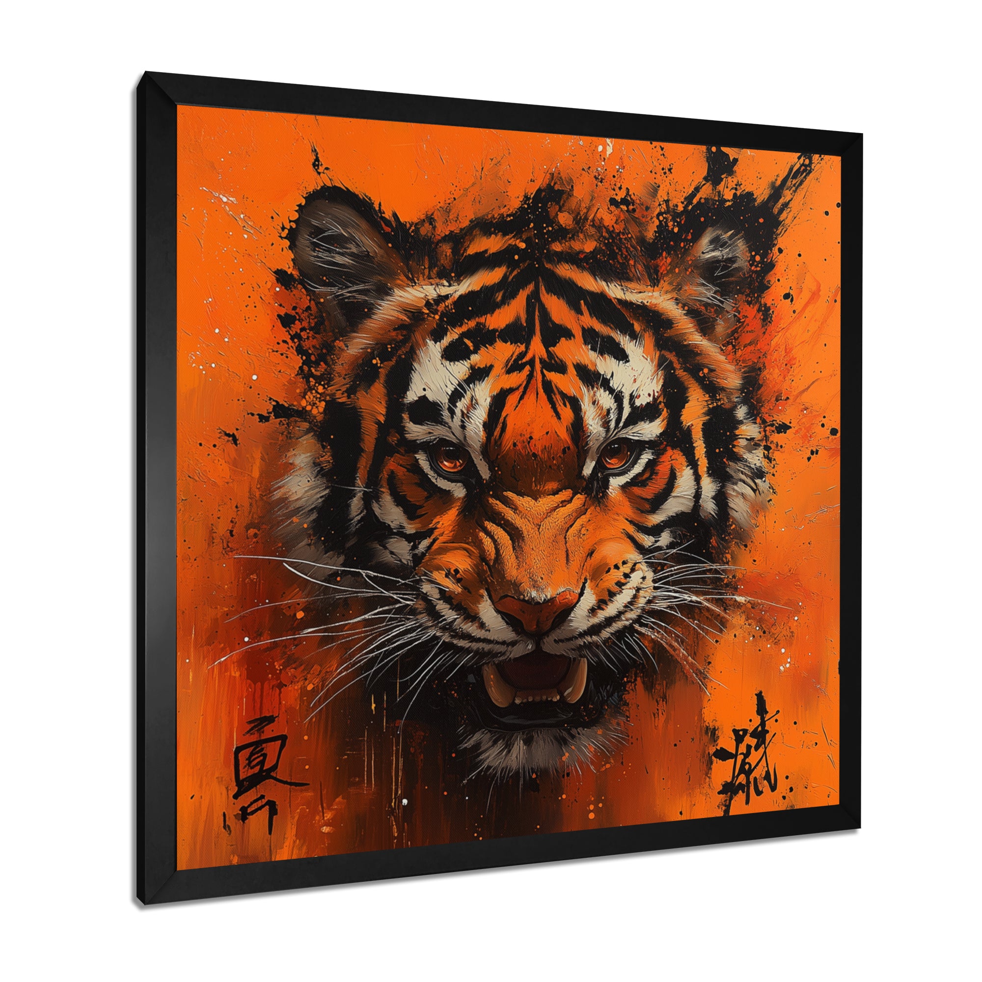 Orange And Black Tiger With Chinese Sign - Tiger Wall Art Prints
