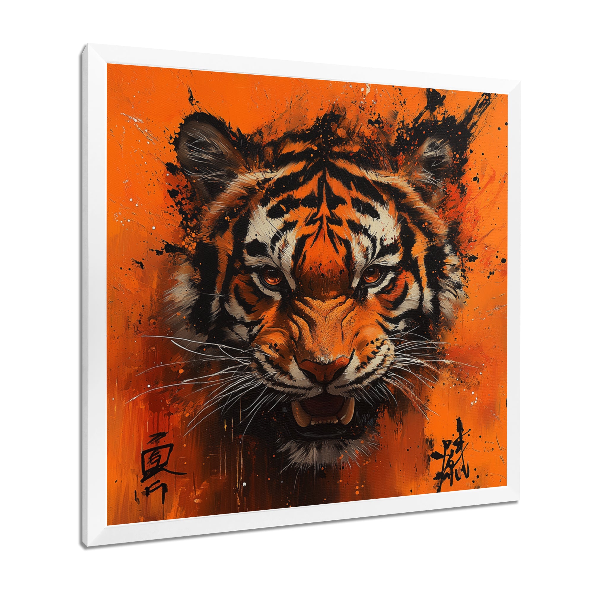 Orange And Black Tiger With Chinese Sign - Tiger Wall Art Prints