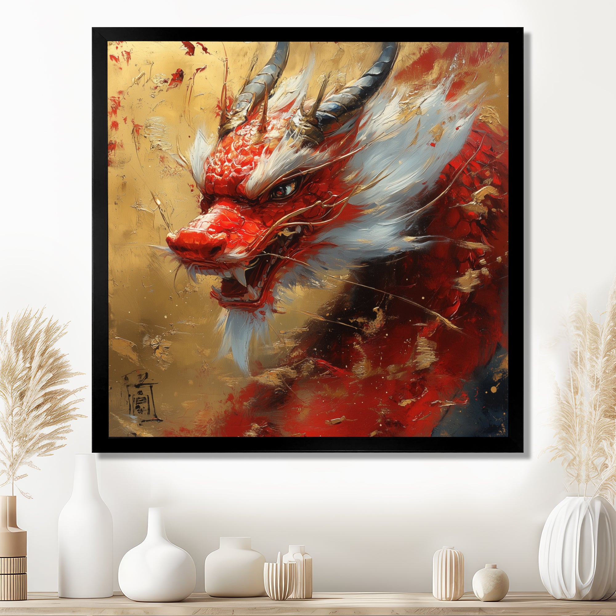 China Red And Gold Dragons Power - Dragons Framed Canvas Art