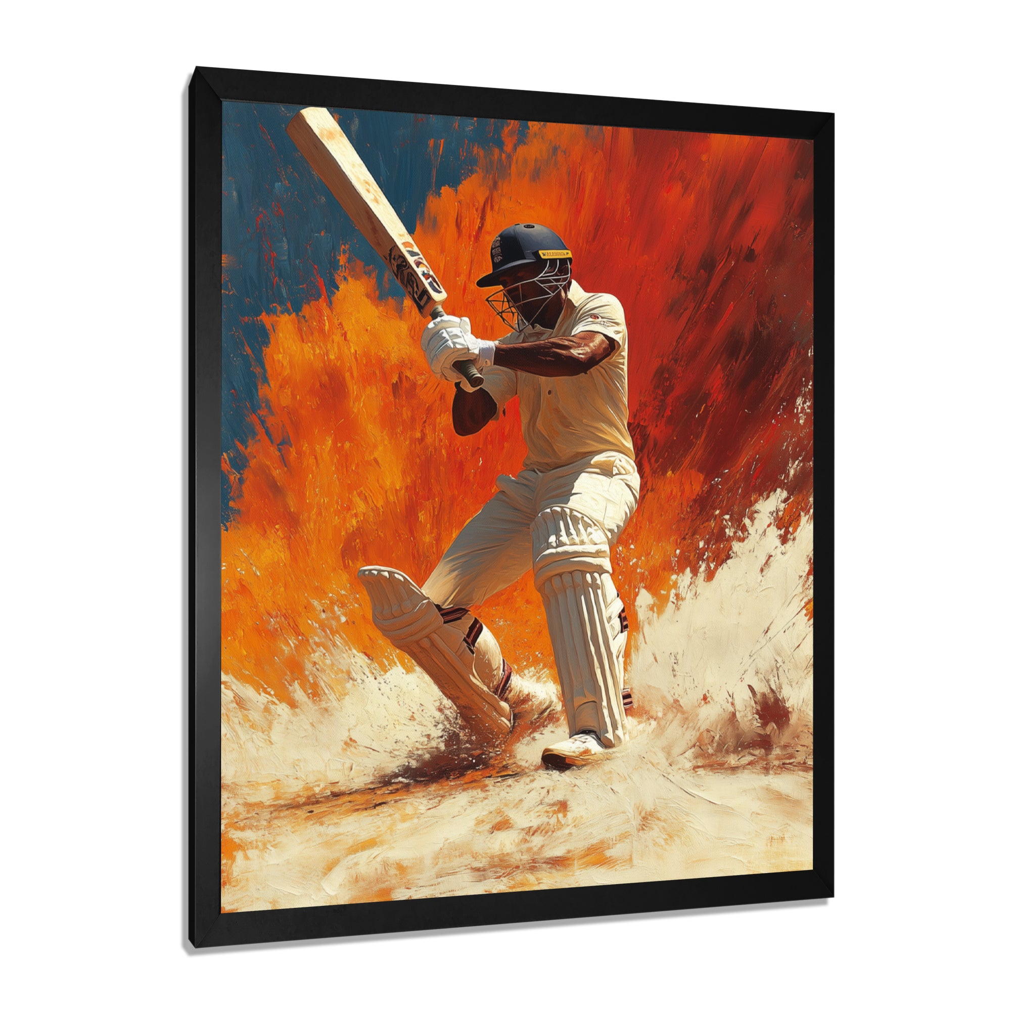 White And Orange Sport Cricket Batsmans Stance - Cricket Sport Canvas Wall Art