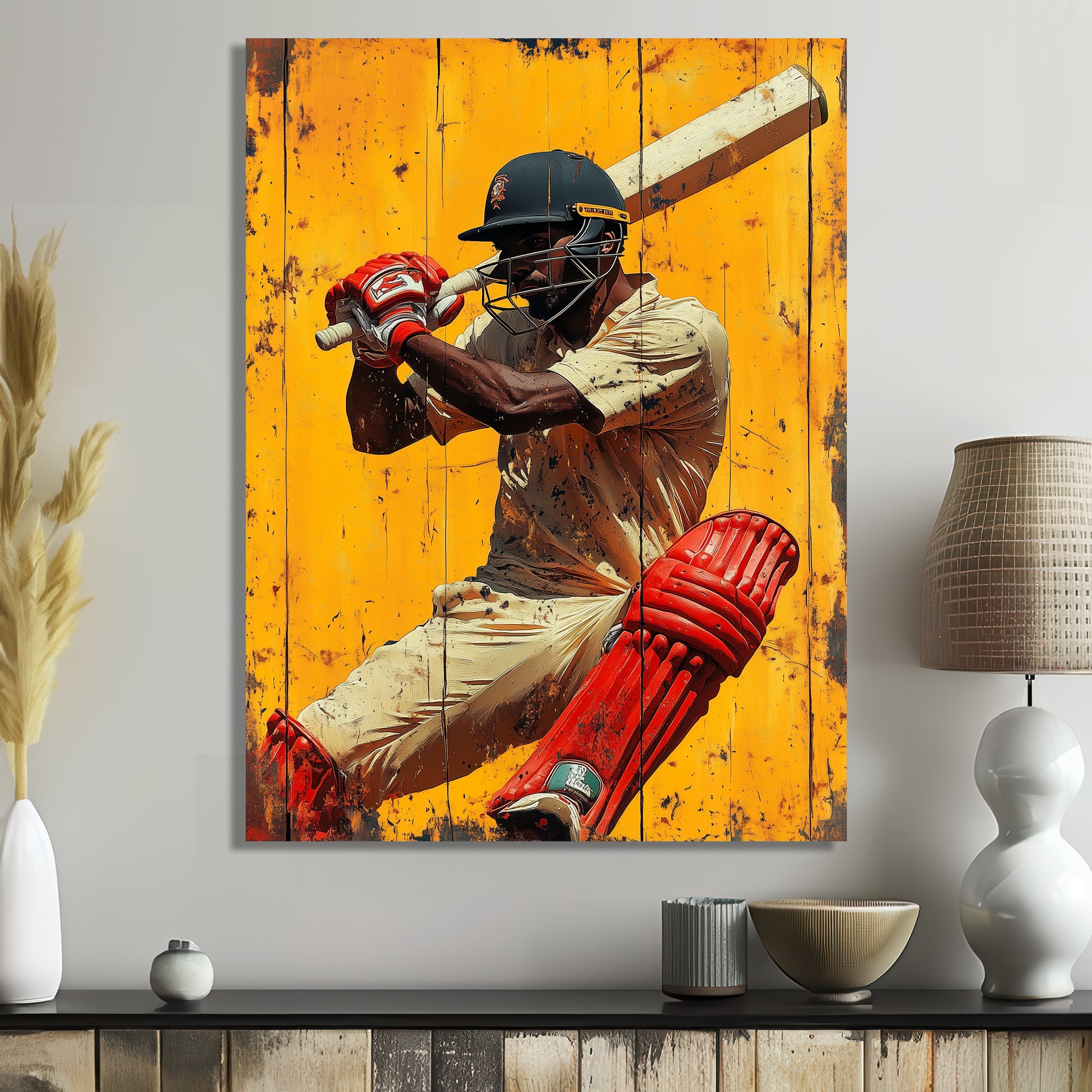 Red And Yellow Sport Cricket Batsmans Stance - Cricket Sport Canvas Wall Art