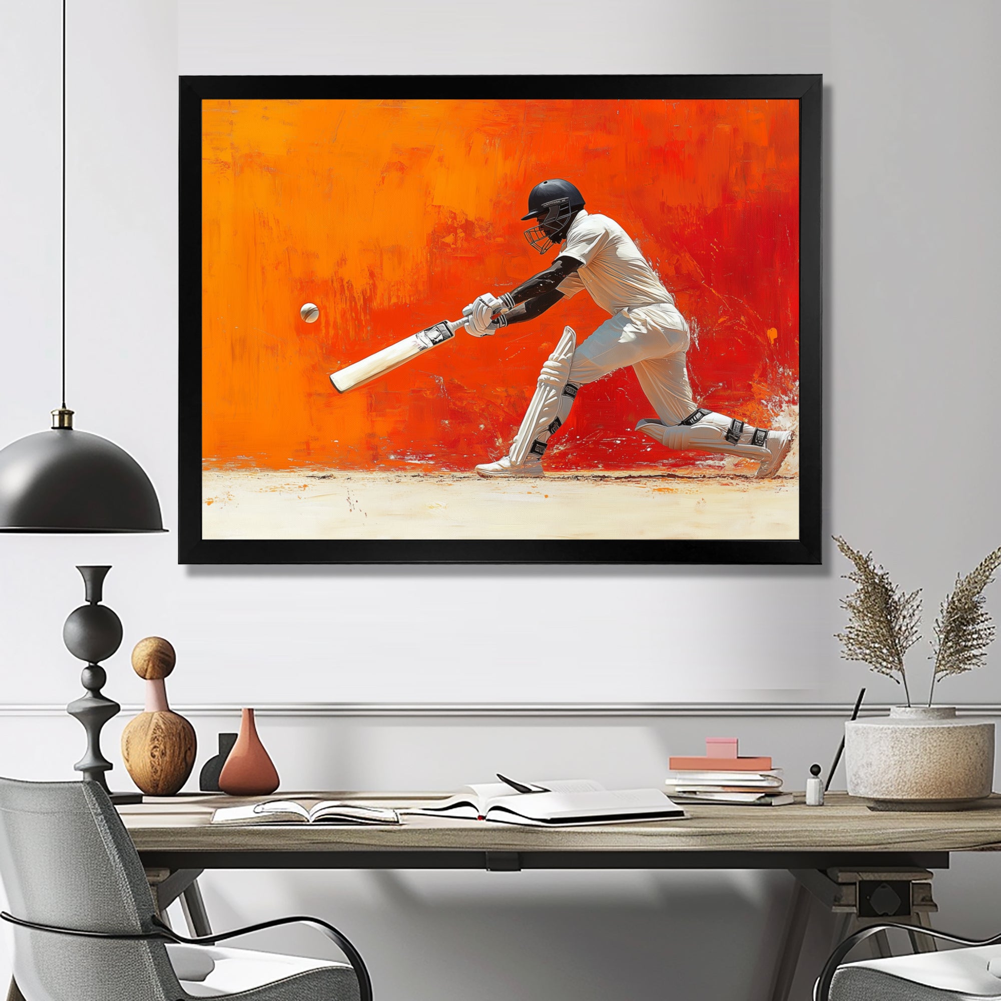 Orange And White Sport Cricket Cover Drive - Cricket Sport Canvas Wall Art