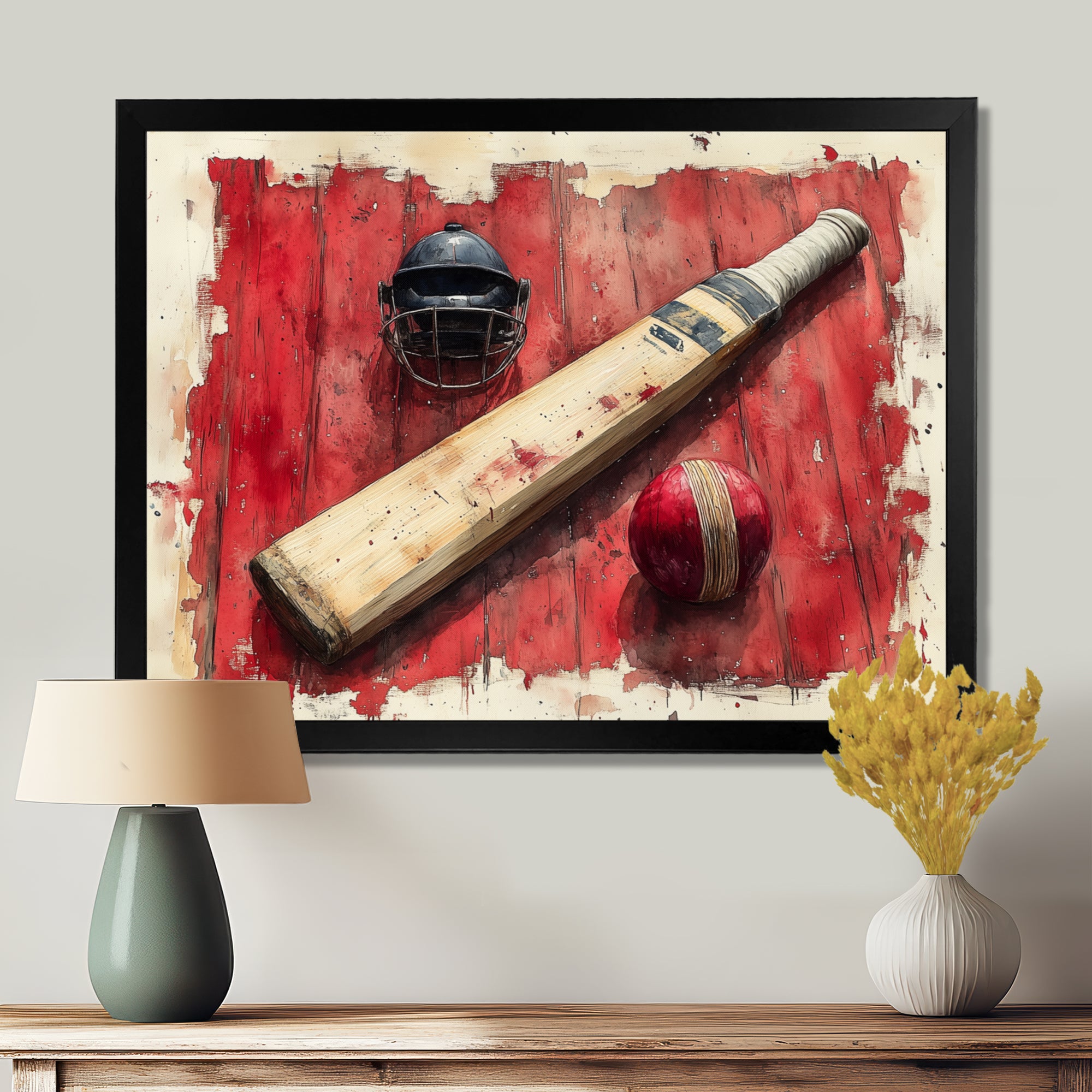 Red And Black Sport Cricket Equipment - Cricket Sport Canvas Wall Art