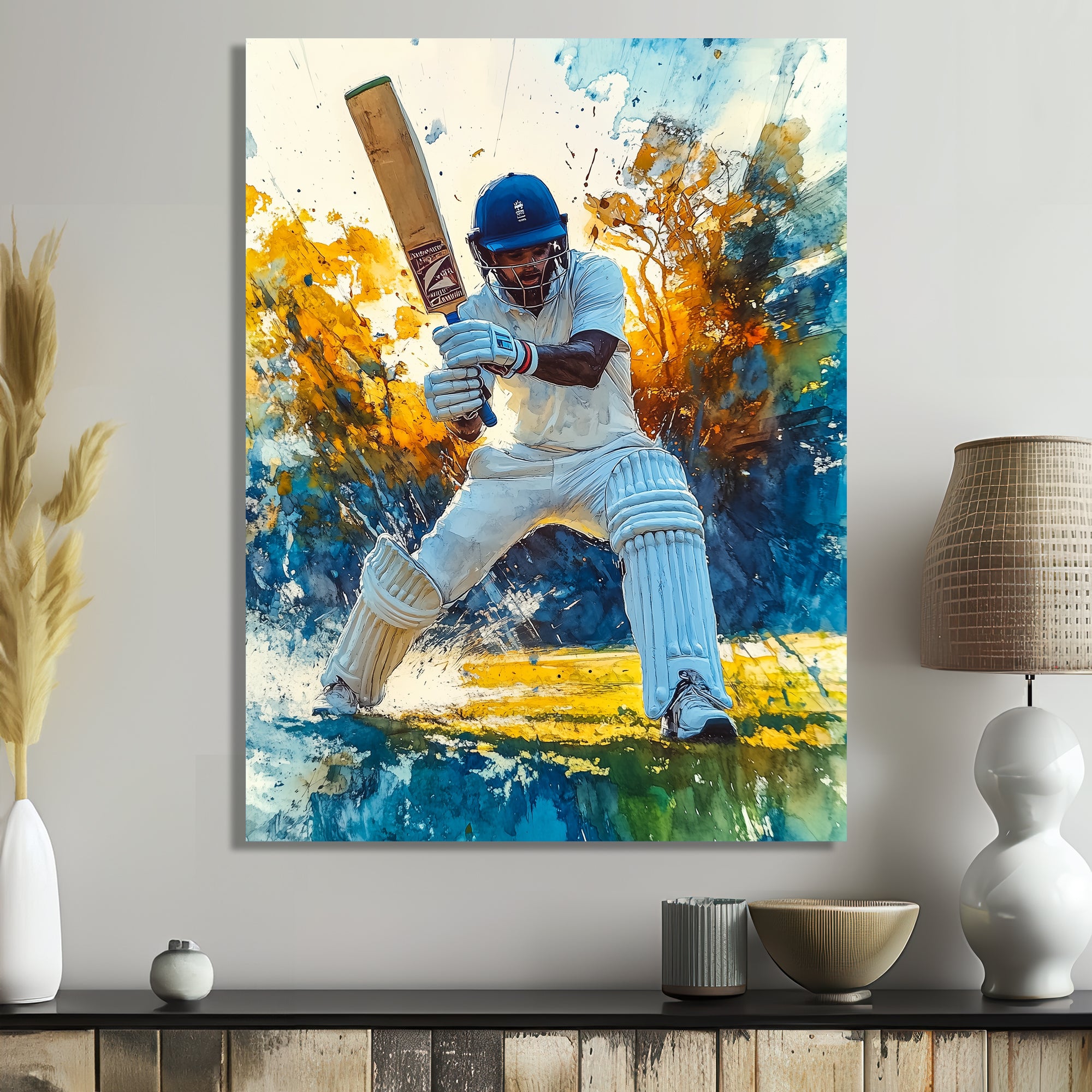 White And Blue Sport Cricket Fielding Frenzy - Cricket Sport Canvas Wall Art