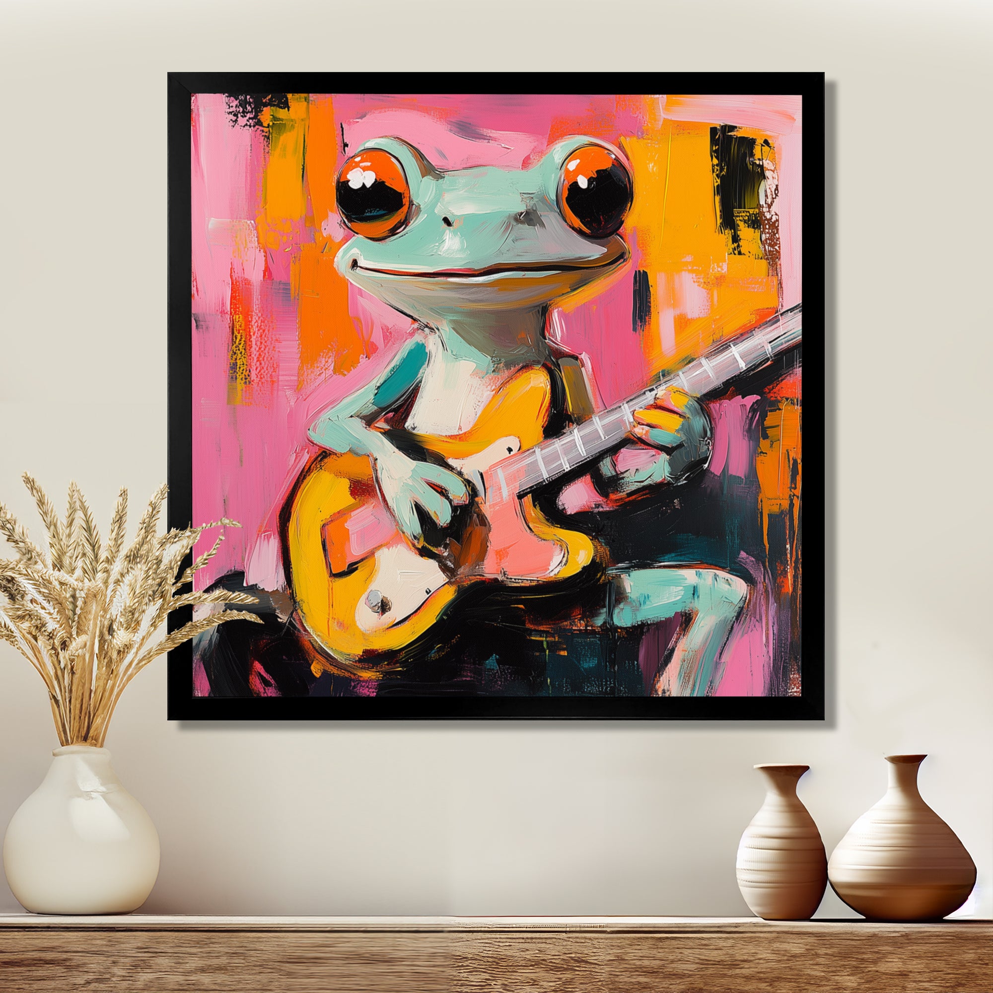 Nursery Green Frog Rock Star Accented With Pink - Frog Bedroom Wall Art