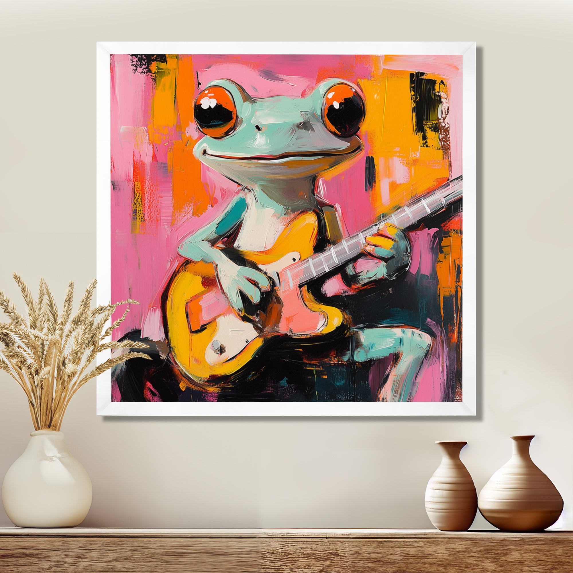 Nursery Green Frog Rock Star Accented With Pink - Frog Bedroom Wall Art