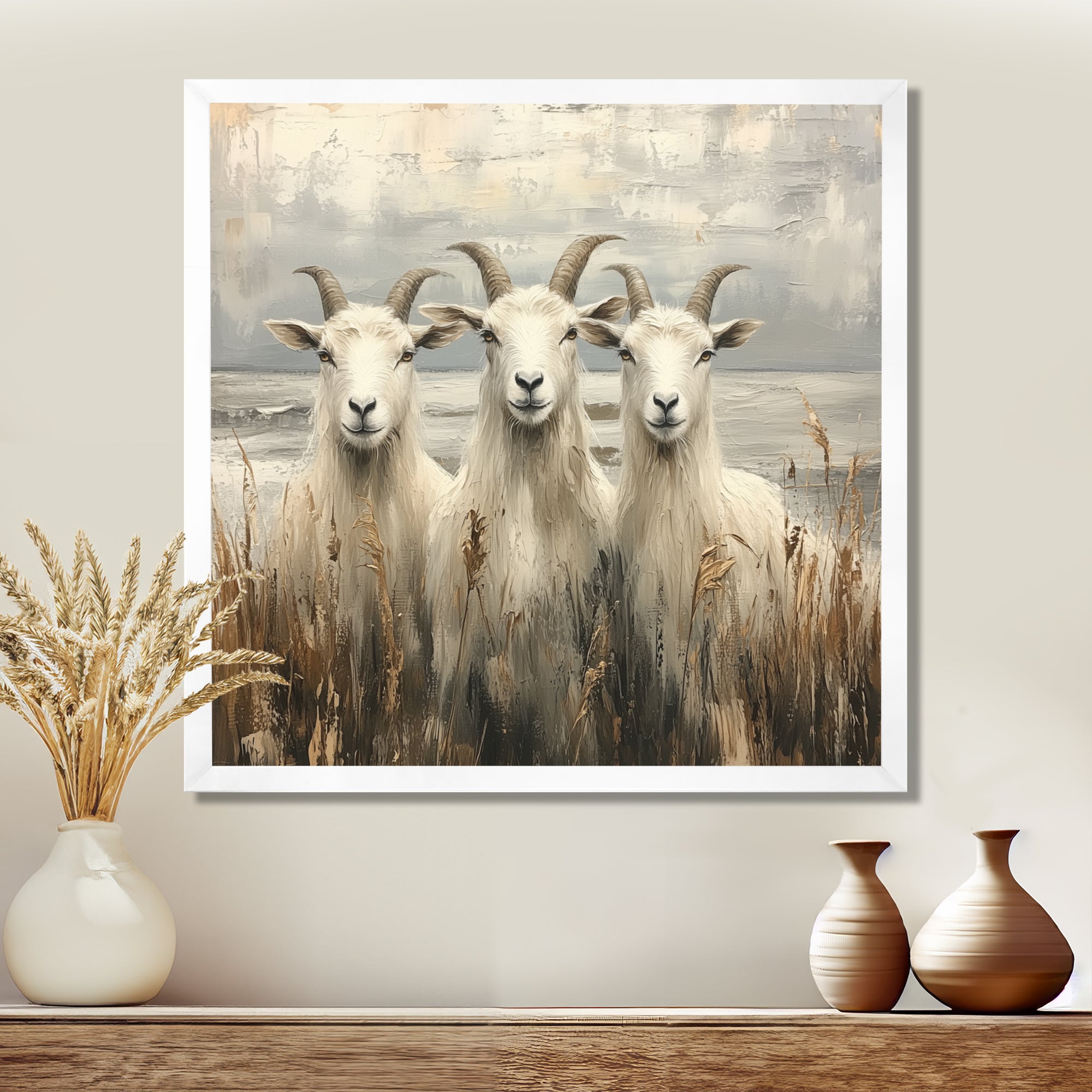 Grey And Brown Minimalism Coastal Goats - Goat Canvas Wall Art