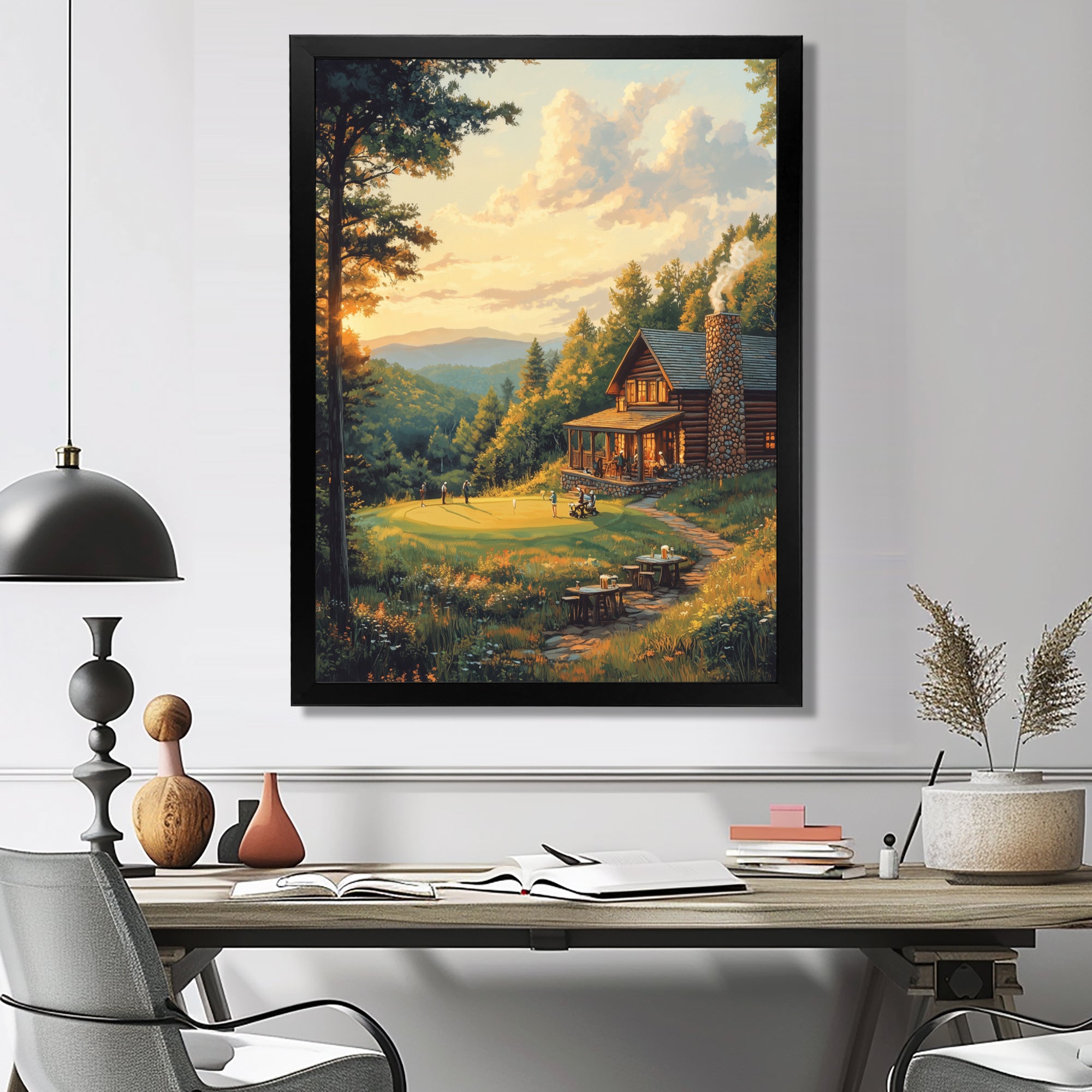 Green And Brown Golf Course With Cozy Lodge I - Golf Canvas Wall Art