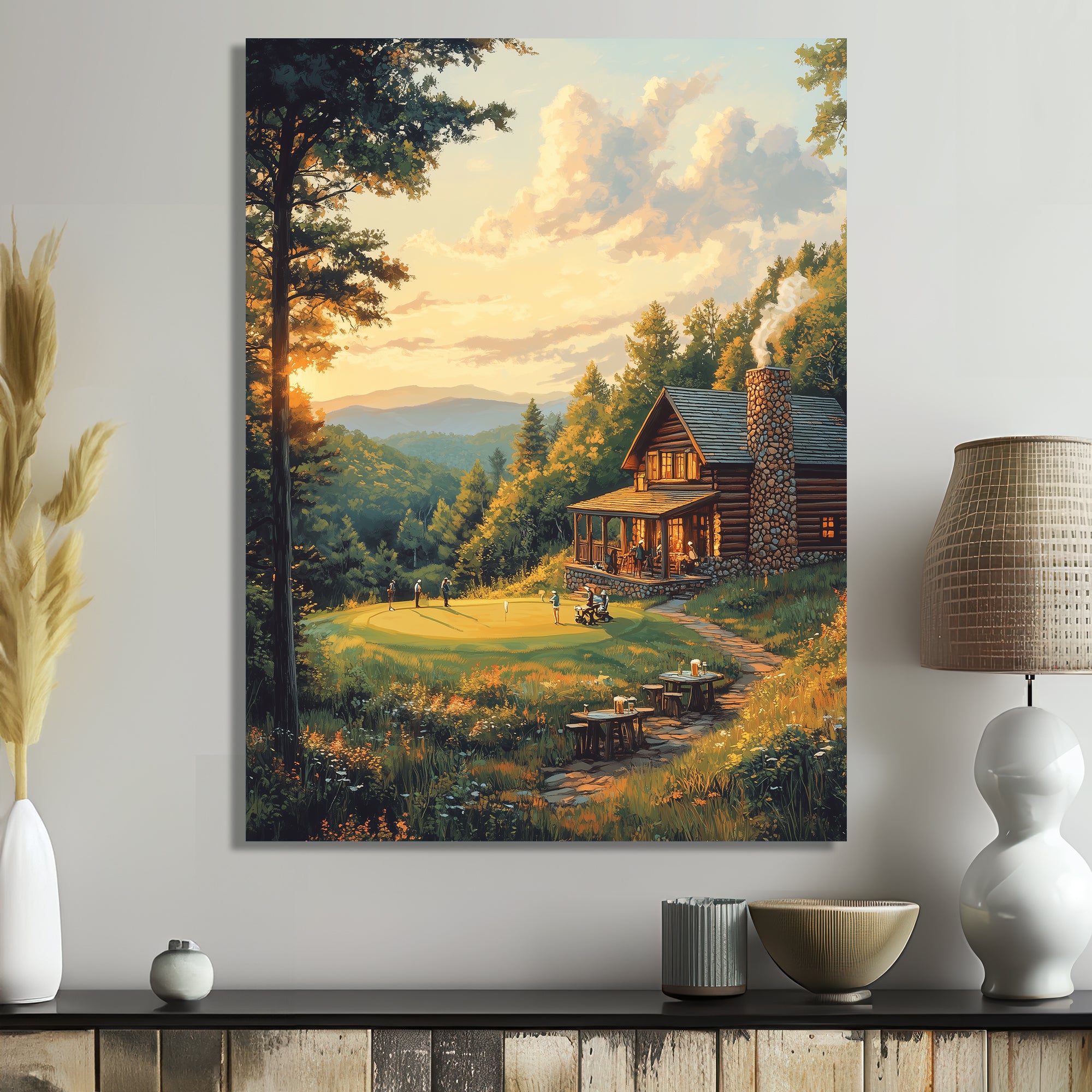 Green And Brown Golf Course With Cozy Lodge I - Golf Canvas Wall Art
