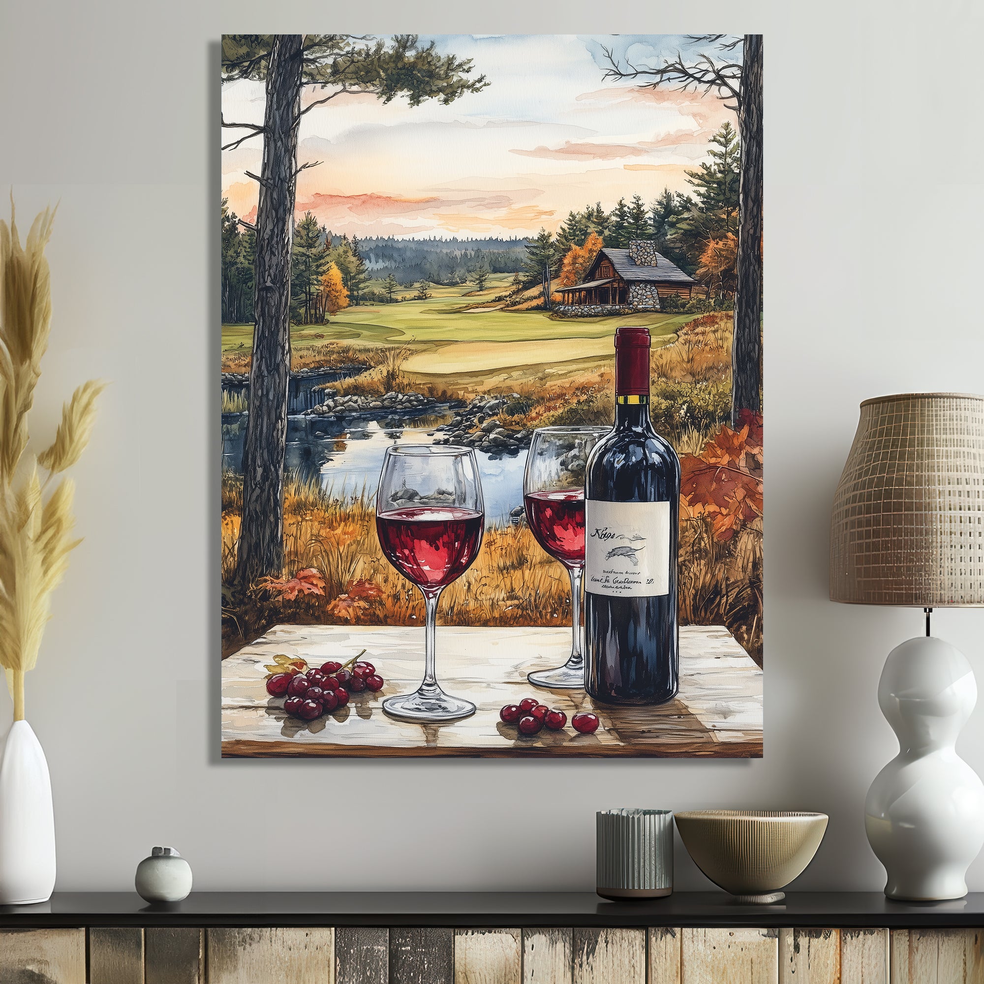 Green And Red Golf Course With Cozy Lodge - Golf Canvas Wall Art