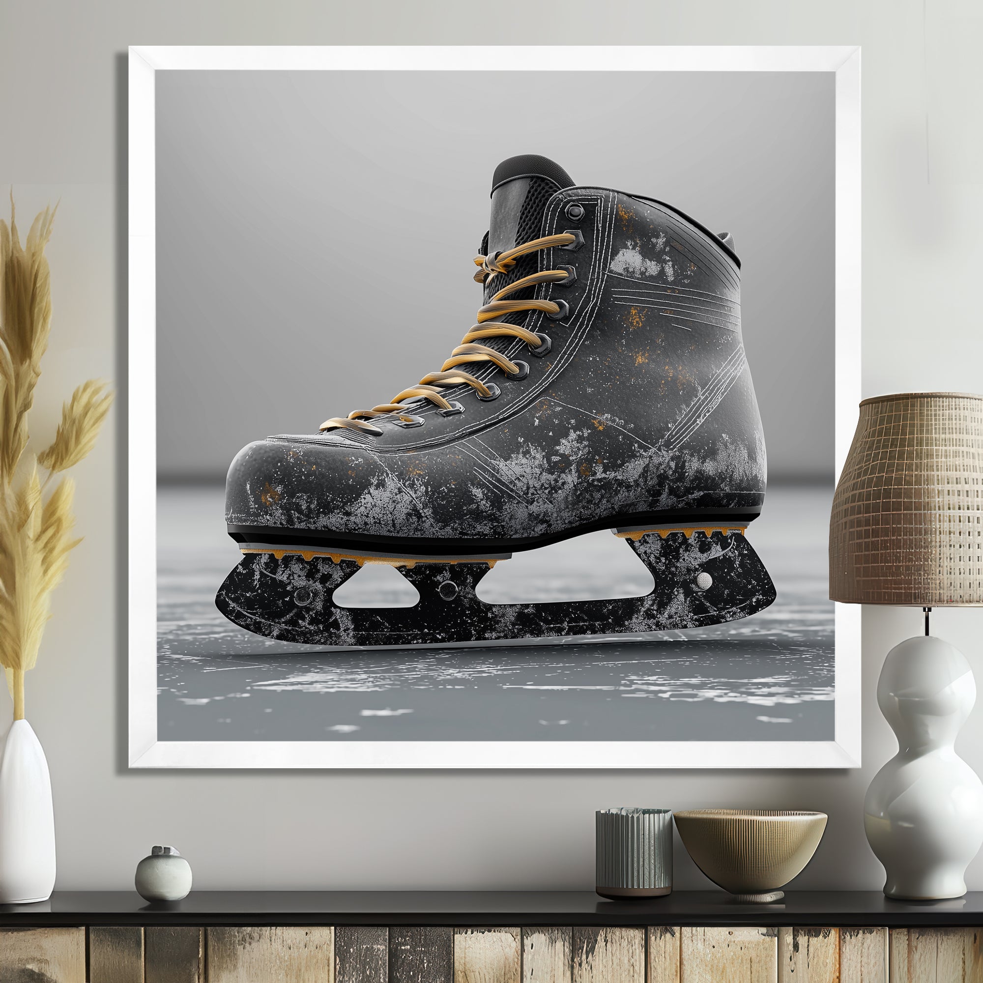 Hockey Skates In Grey And Yellow Tones - Sport Hockey Canvas Wall Art