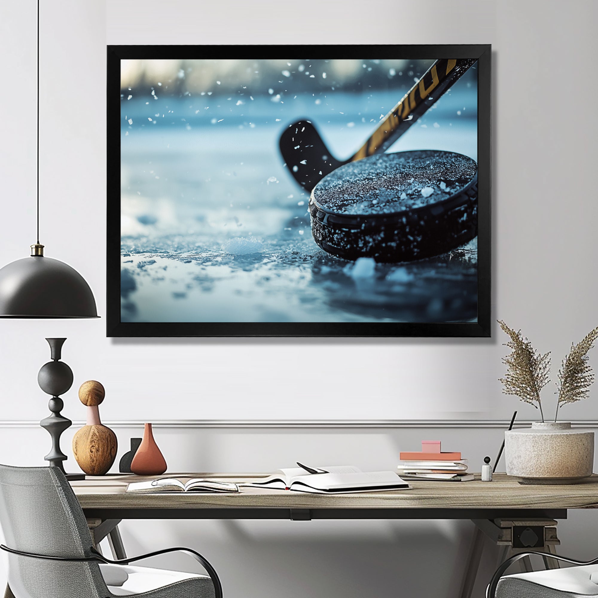 Black Hockey Stick And Rubber Puck I - Sport Hockey Canvas Wall Art