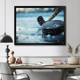Black Hockey Stick And Rubber Puck I - Sport Hockey Canvas Wall Art
