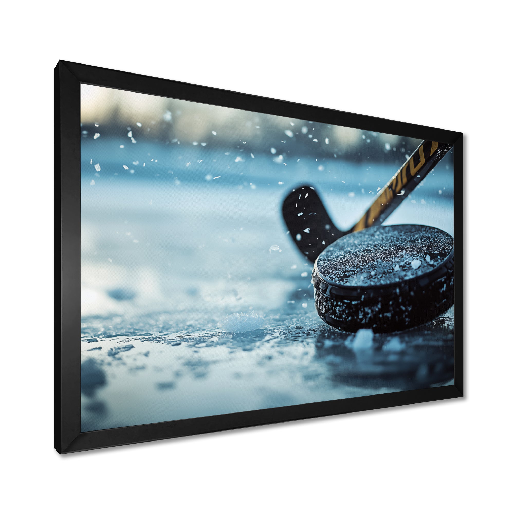 Black Hockey Stick And Rubber Puck I - Sport Hockey Canvas Wall Art