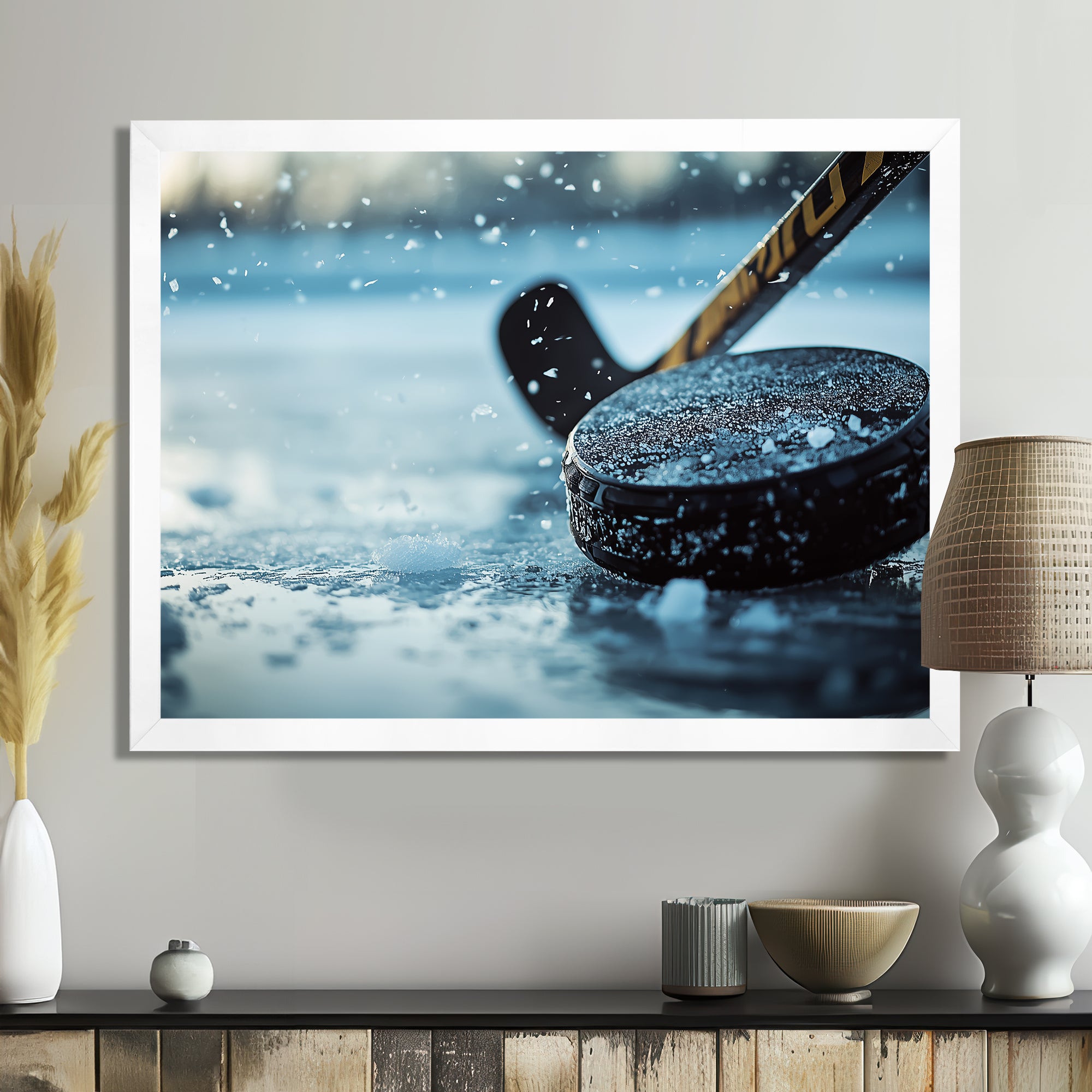 Black Hockey Stick And Rubber Puck I - Sport Hockey Canvas Wall Art