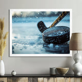 Black Hockey Stick And Rubber Puck I - Sport Hockey Canvas Wall Art