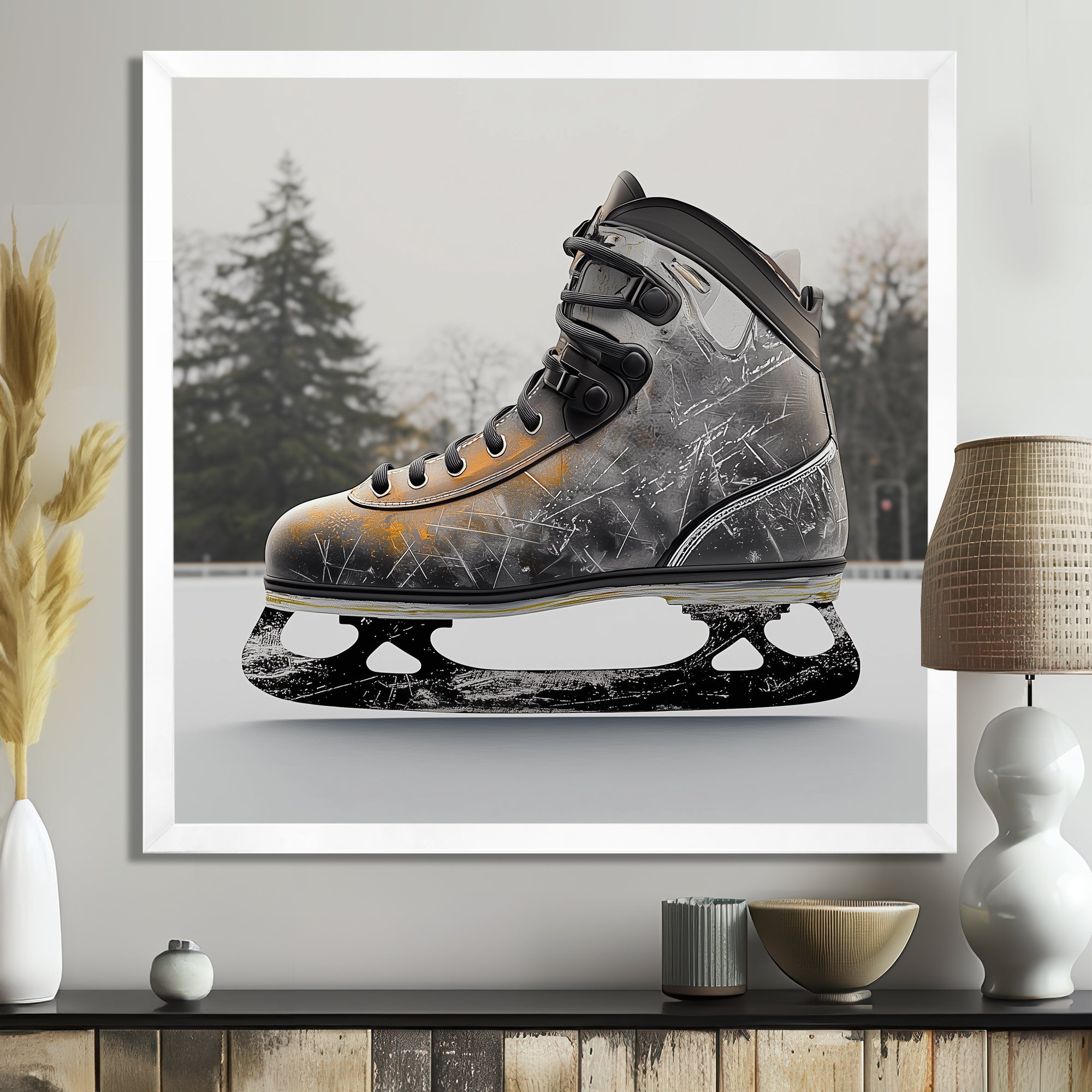 Hockey Skates In Grey And Orange Tones I - Sport Hockey Canvas Wall Art