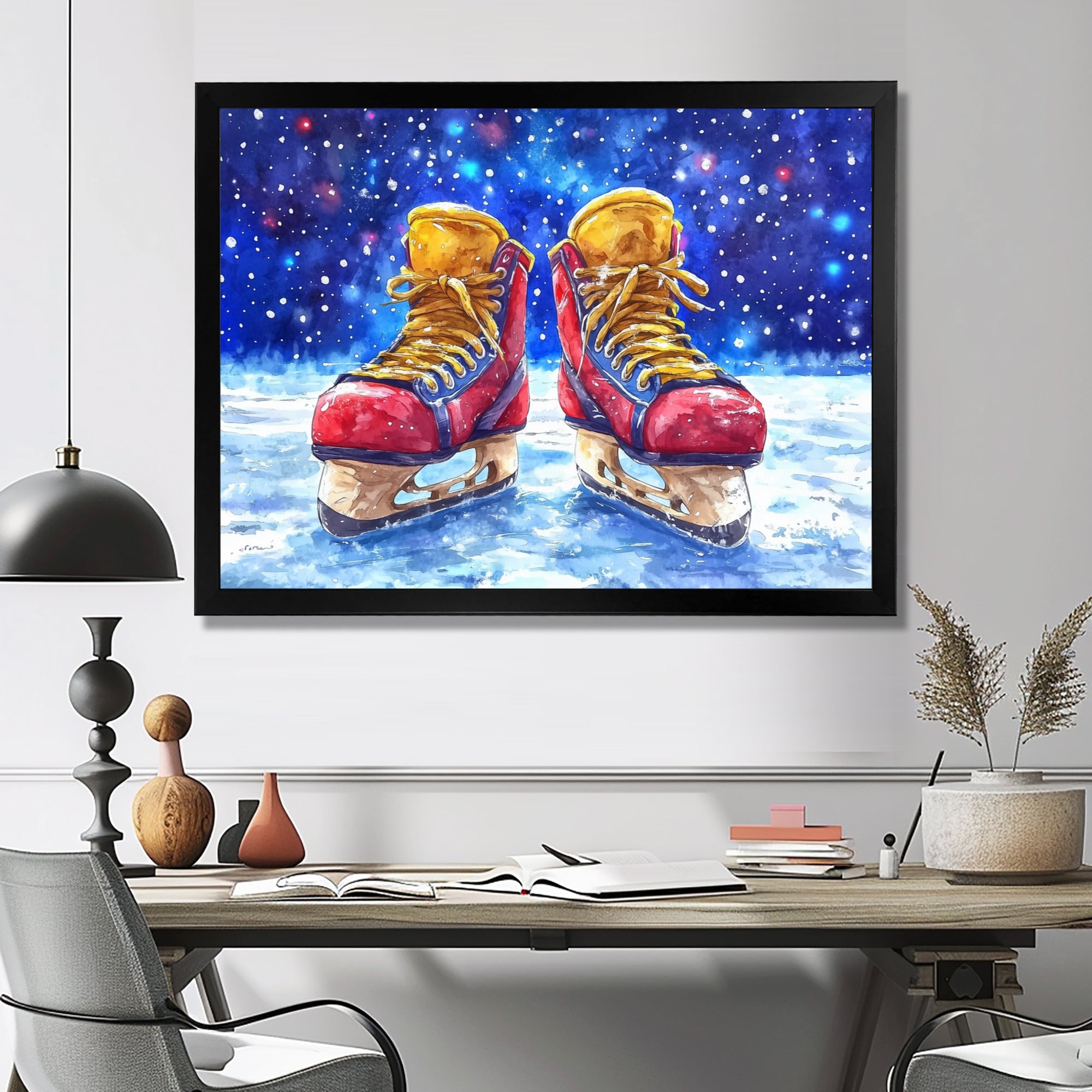 Red Hockey Gear Painting Accented With Blue - Sport Hockey Canvas Wall Art