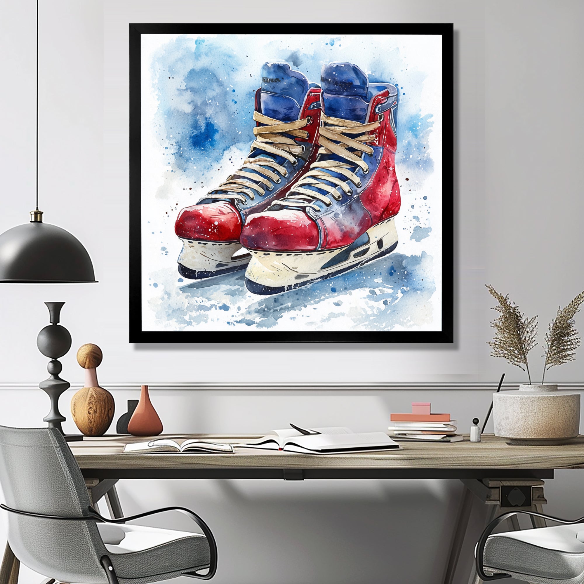 Red Blue Watercolor Hockey Skates - Sport Hockey Canvas Wall Art