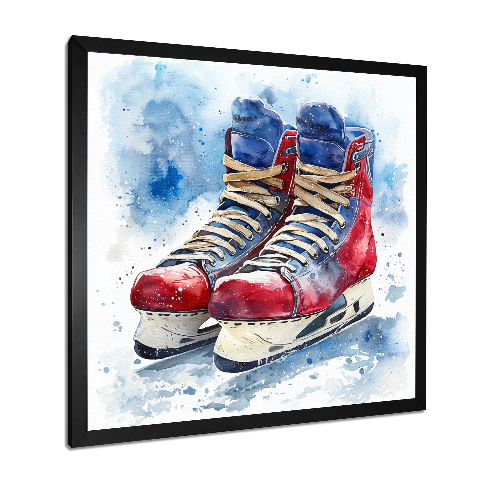Red Blue Watercolor Hockey Skates - Sport Hockey Canvas Wall Art
