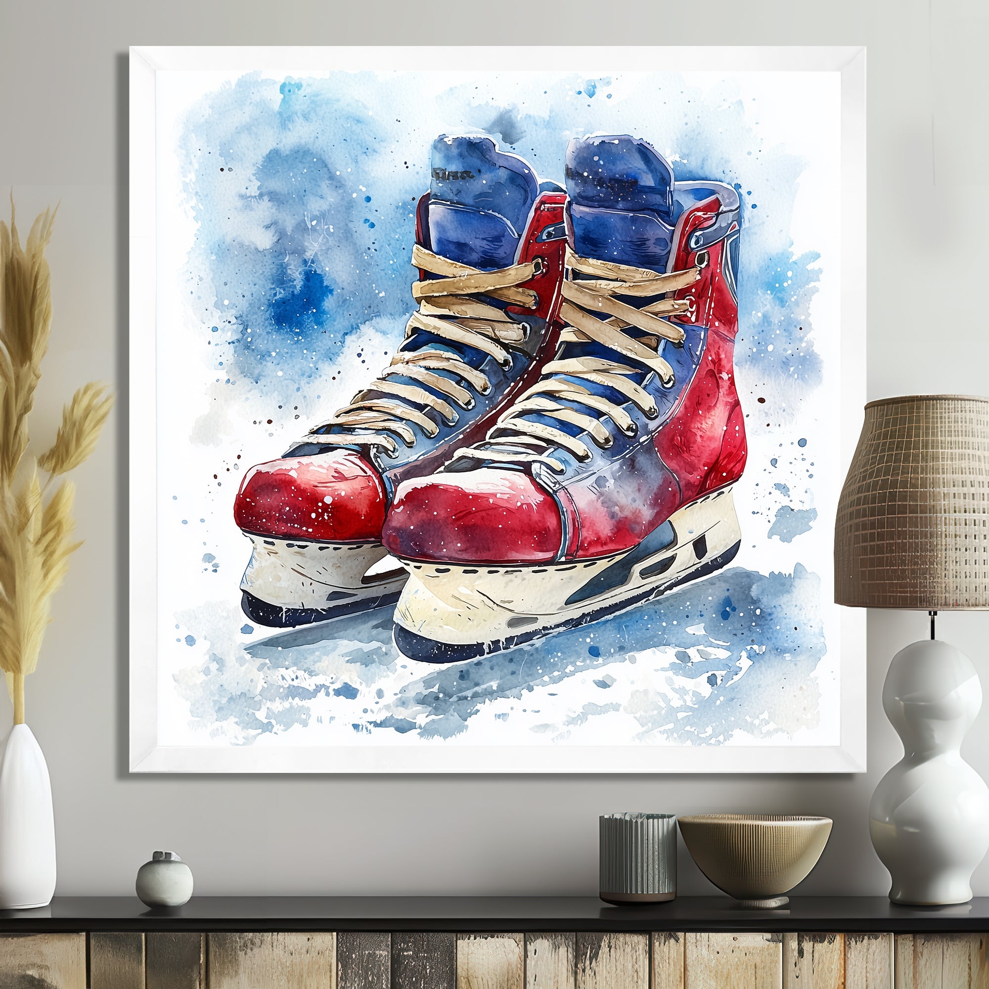 Red Blue Watercolor Hockey Skates - Sport Hockey Canvas Wall Art