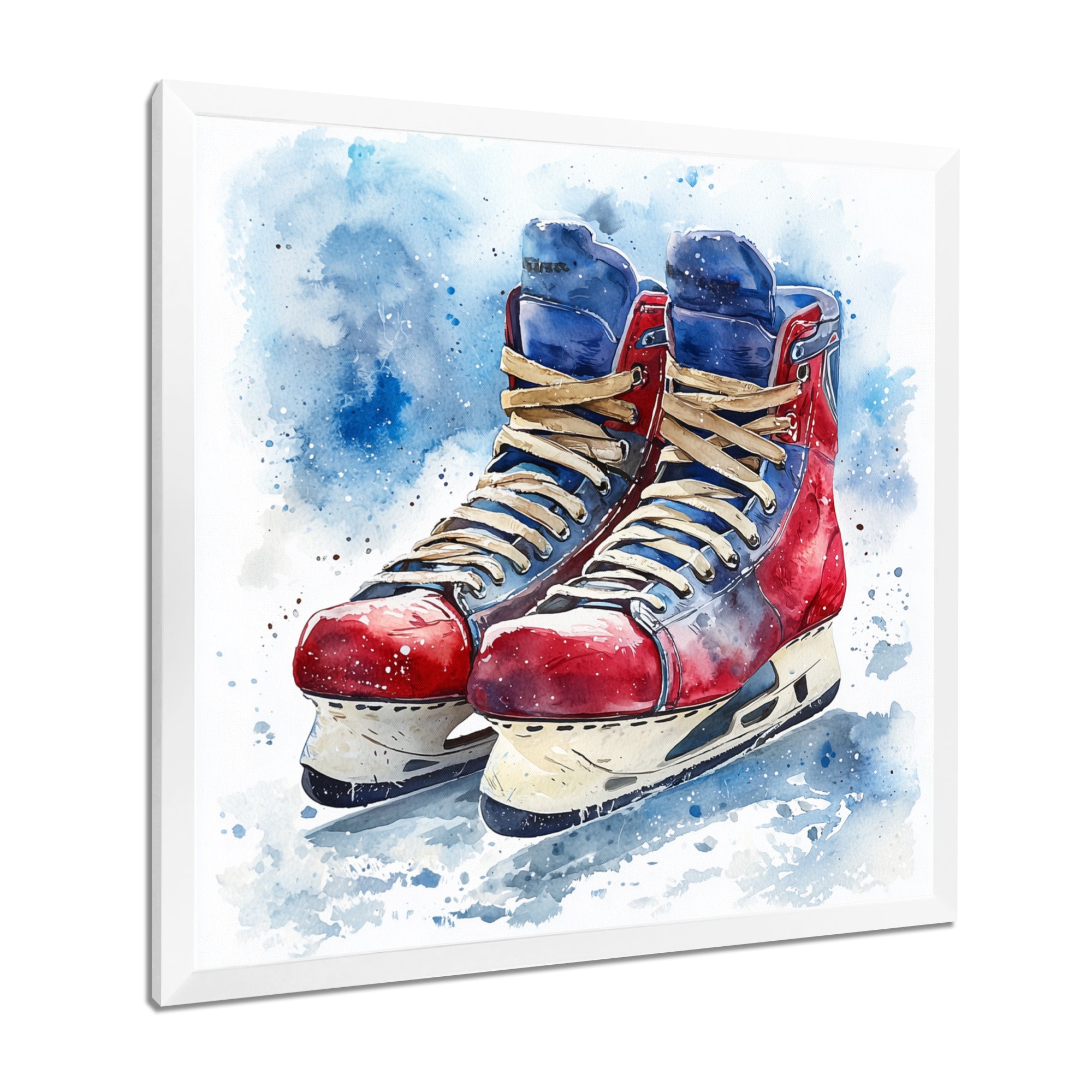 Red Blue Watercolor Hockey Skates - Sport Hockey Canvas Wall Art