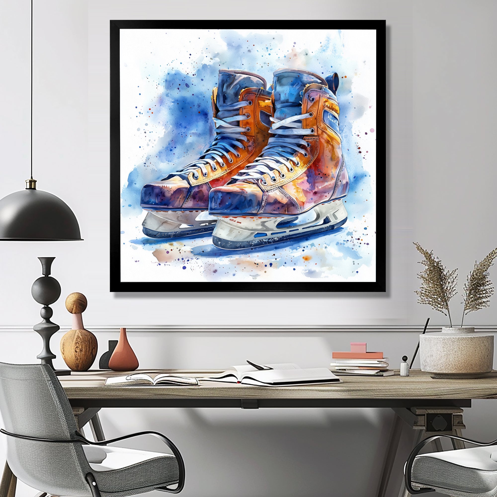 Yellow Blue Watercolor Hockey Skates - Sport Hockey Canvas Wall Art