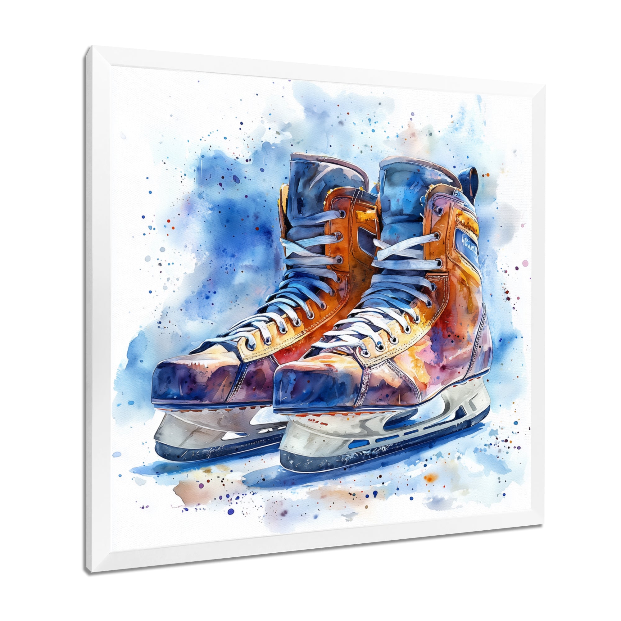 Yellow Blue Watercolor Hockey Skates - Sport Hockey Canvas Wall Art