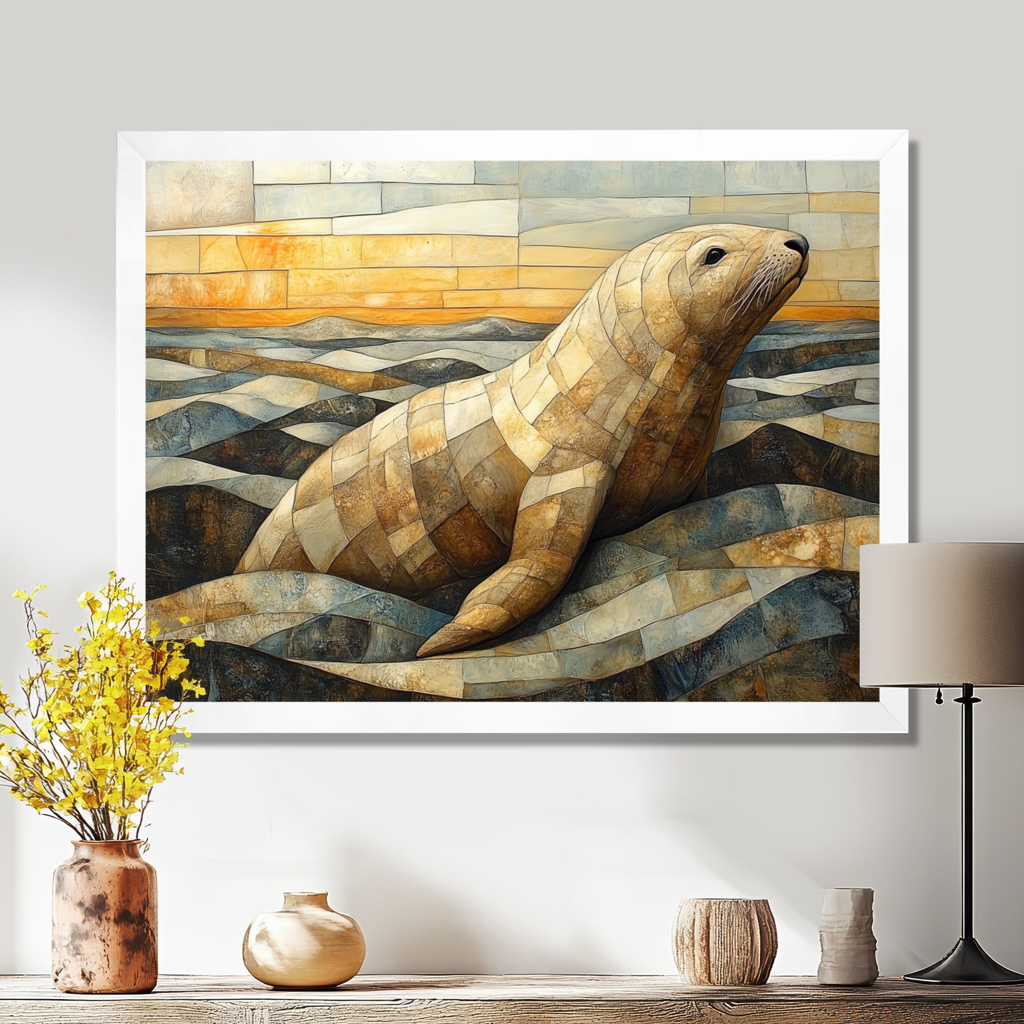 Inuit Seal In Yellow And Brown Tones - Yellow Seal Wall Art