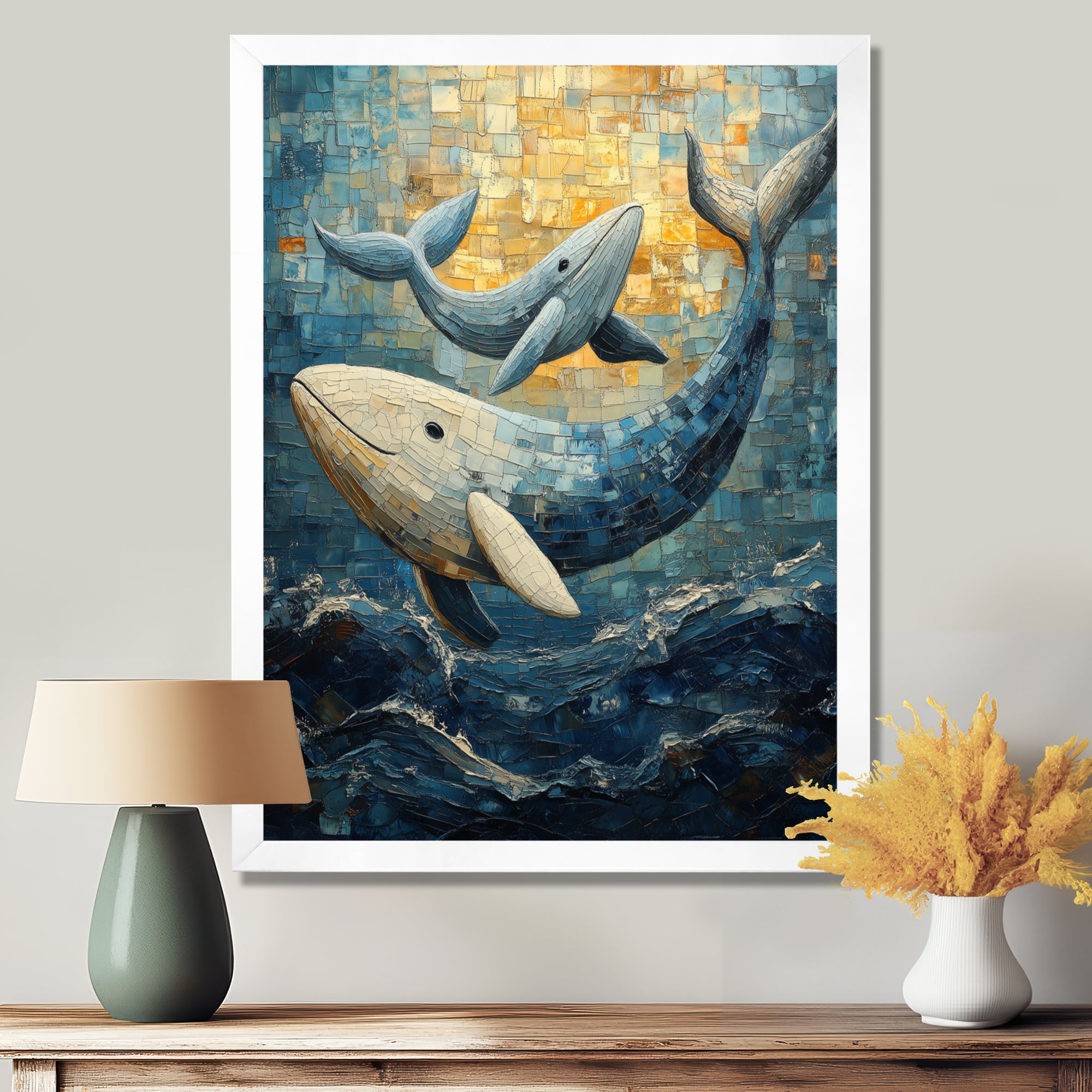 Whales In Blue And Yellow Tones - Whale Large Canvas Wall Art