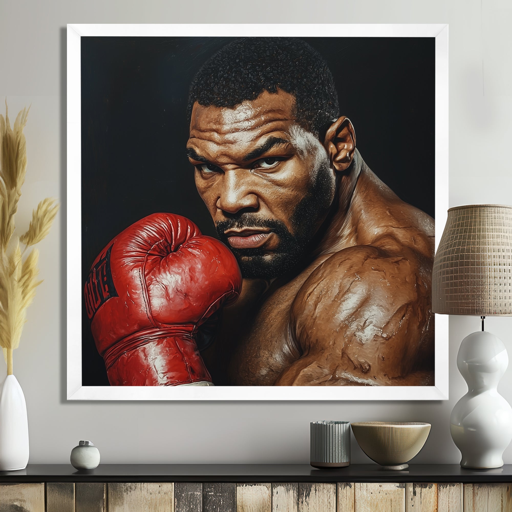 Red Mike Tyson Boxing Gloves Up Portrait - Sport Boxing Canvas Wall Art
