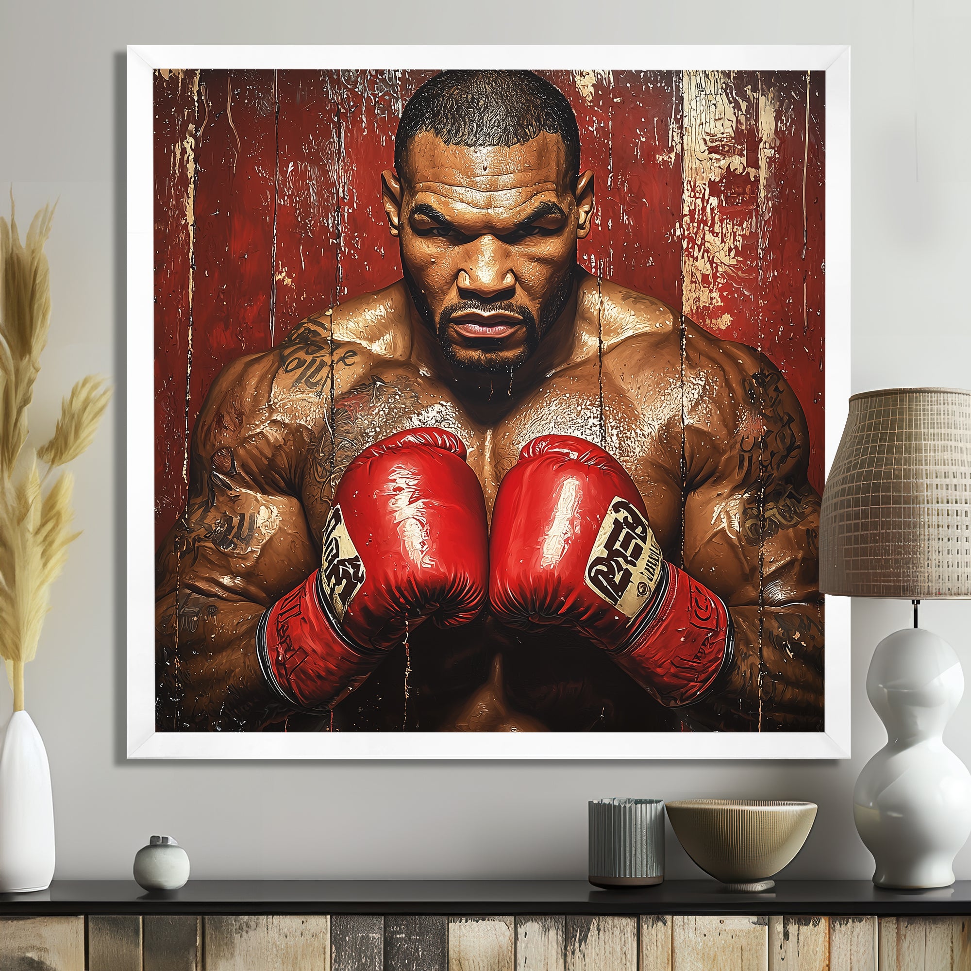 Red Mike Tyson Boxing Gloves Up - Sport Boxing Canvas Wall Art