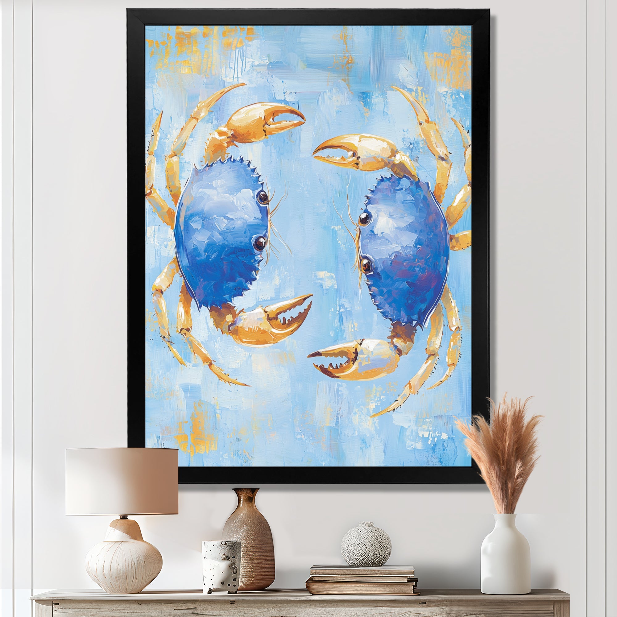 Blue Coastal Crab Battle - Crab Canvas Wall Art
