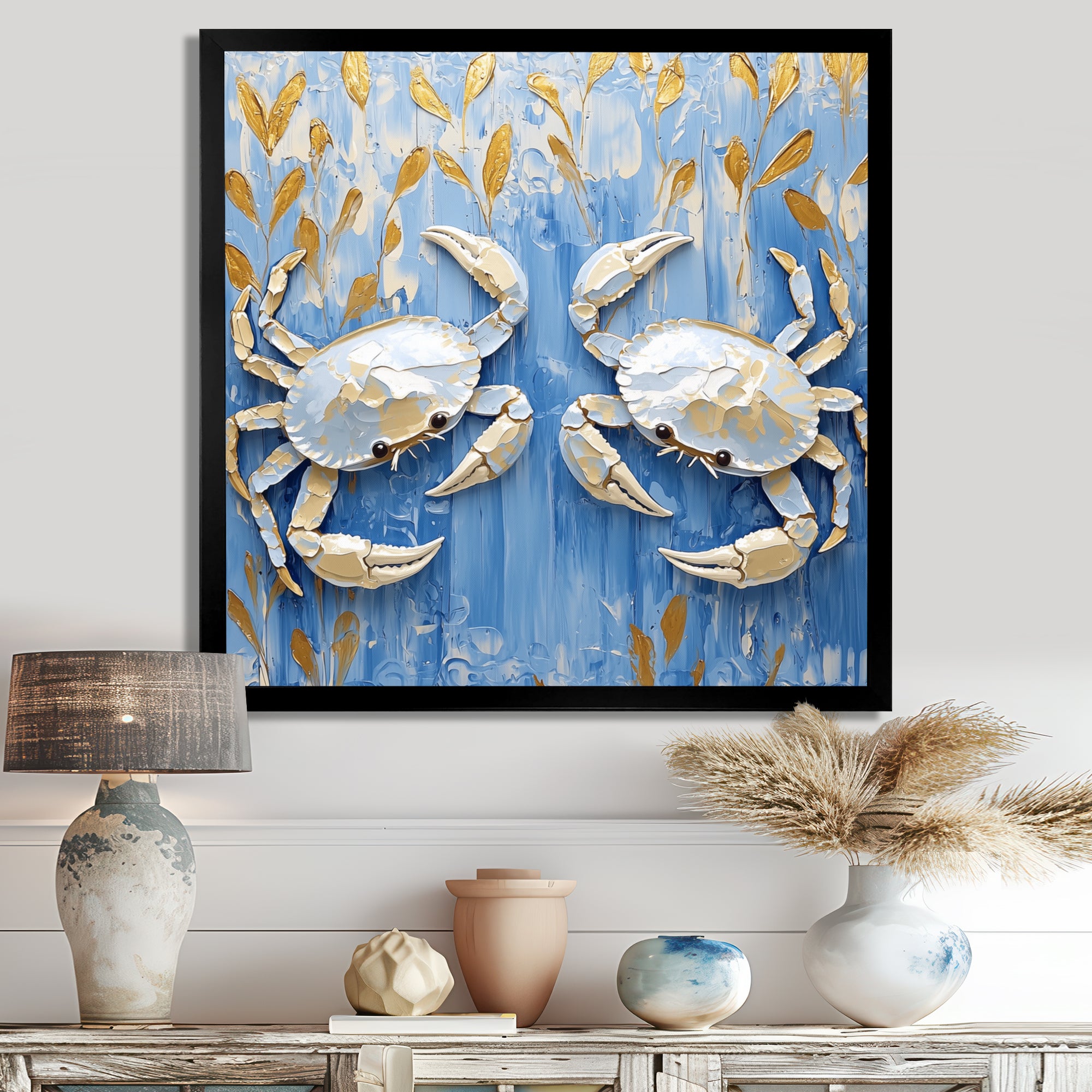 Blue White Coastal Crab Battle - Crab Wall Decor