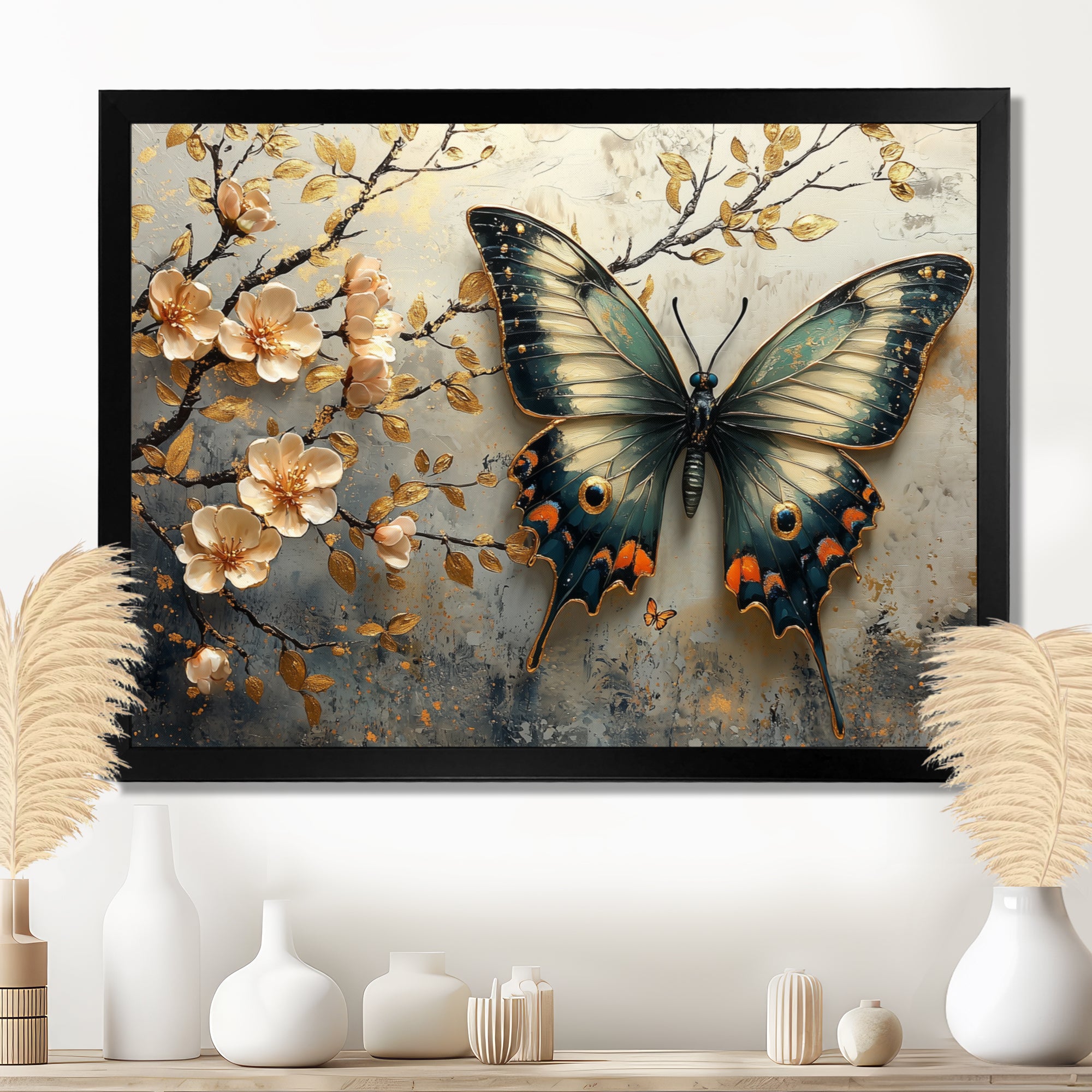 Vintage Butterfly On Cherry Blossom Branch - Blue Butterfly Wall Art